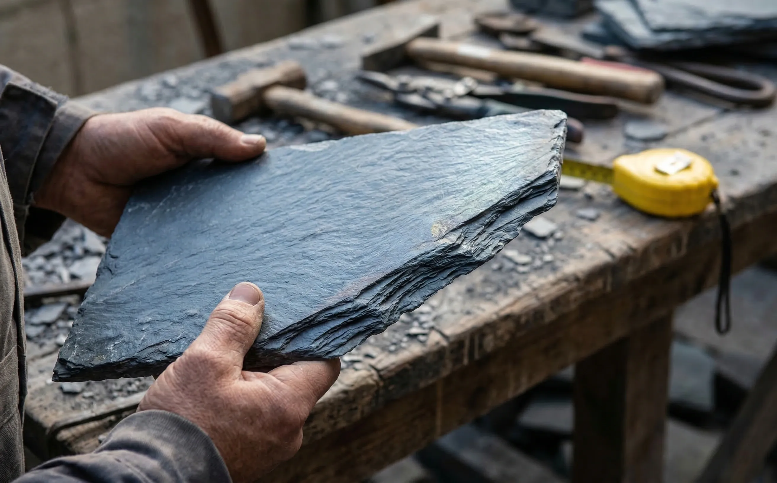 Gros plan sur une ardoise naturelle tenue en main, texture schisteuse visible et reflets bleu-gris