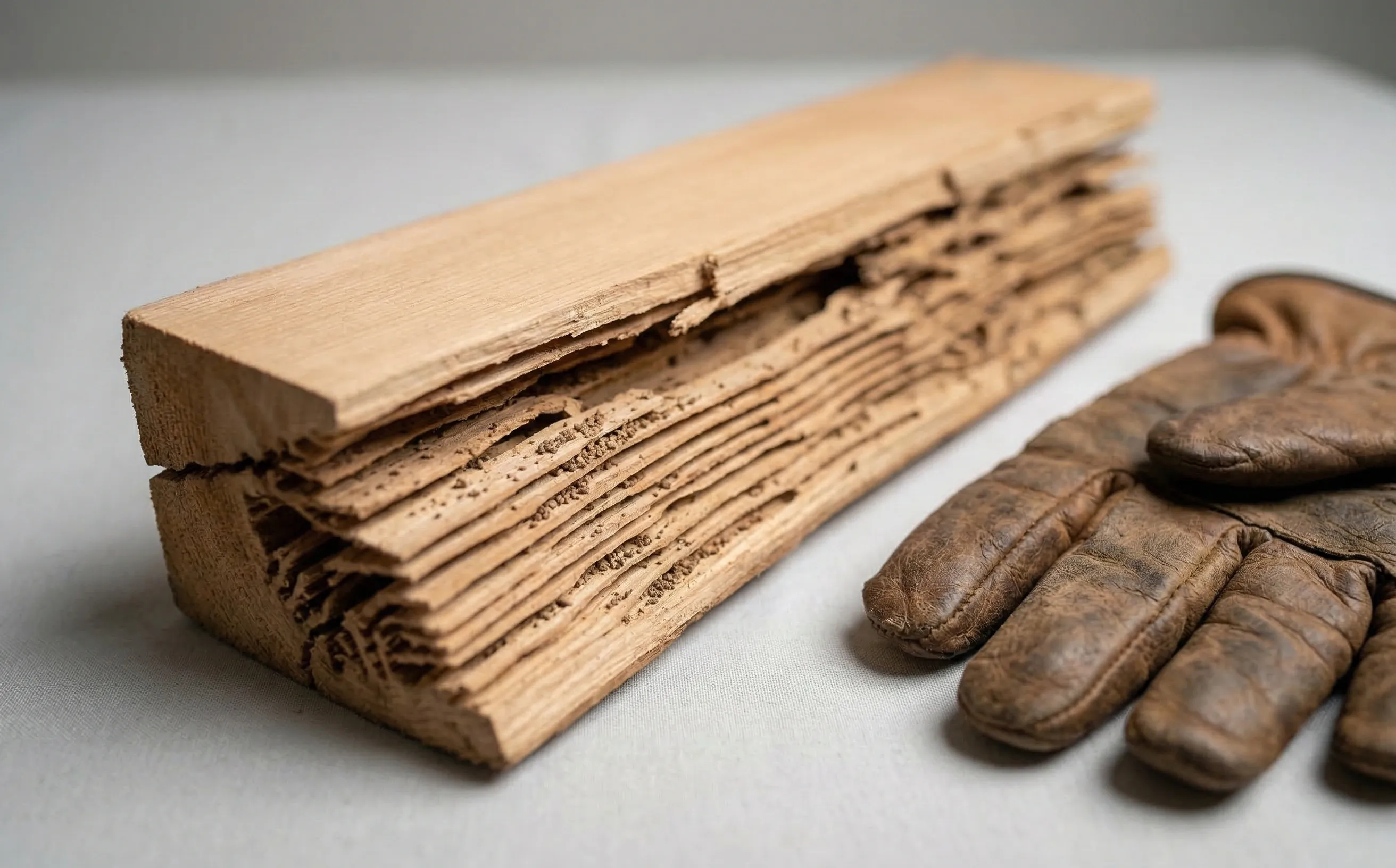 Bois résineux attaqué par des termites avec surface extérieure intacte et intérieur feuilleté en lamelles