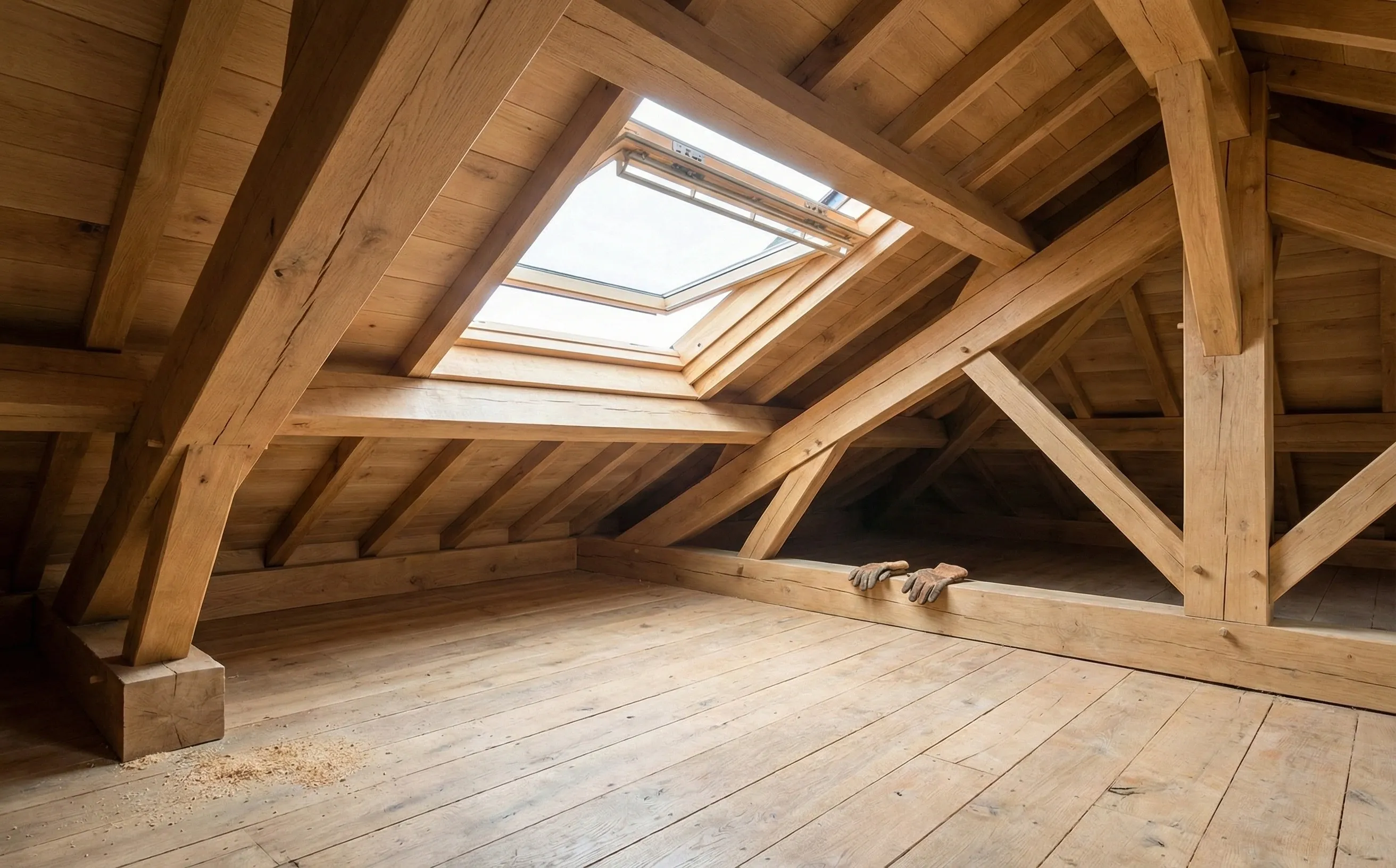 Charpente traditionnelle en chêne avec poutres et pannes dans des combles aménageables en Gironde
