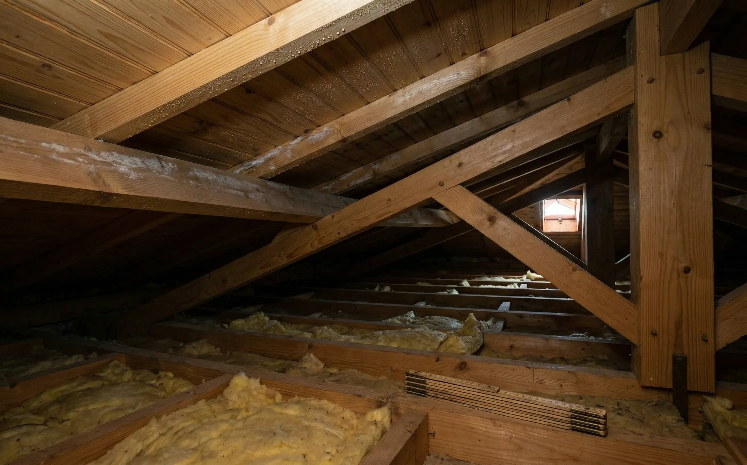 Gouttelettes de condensation sur la charpente en bois dans des combles de pavillon