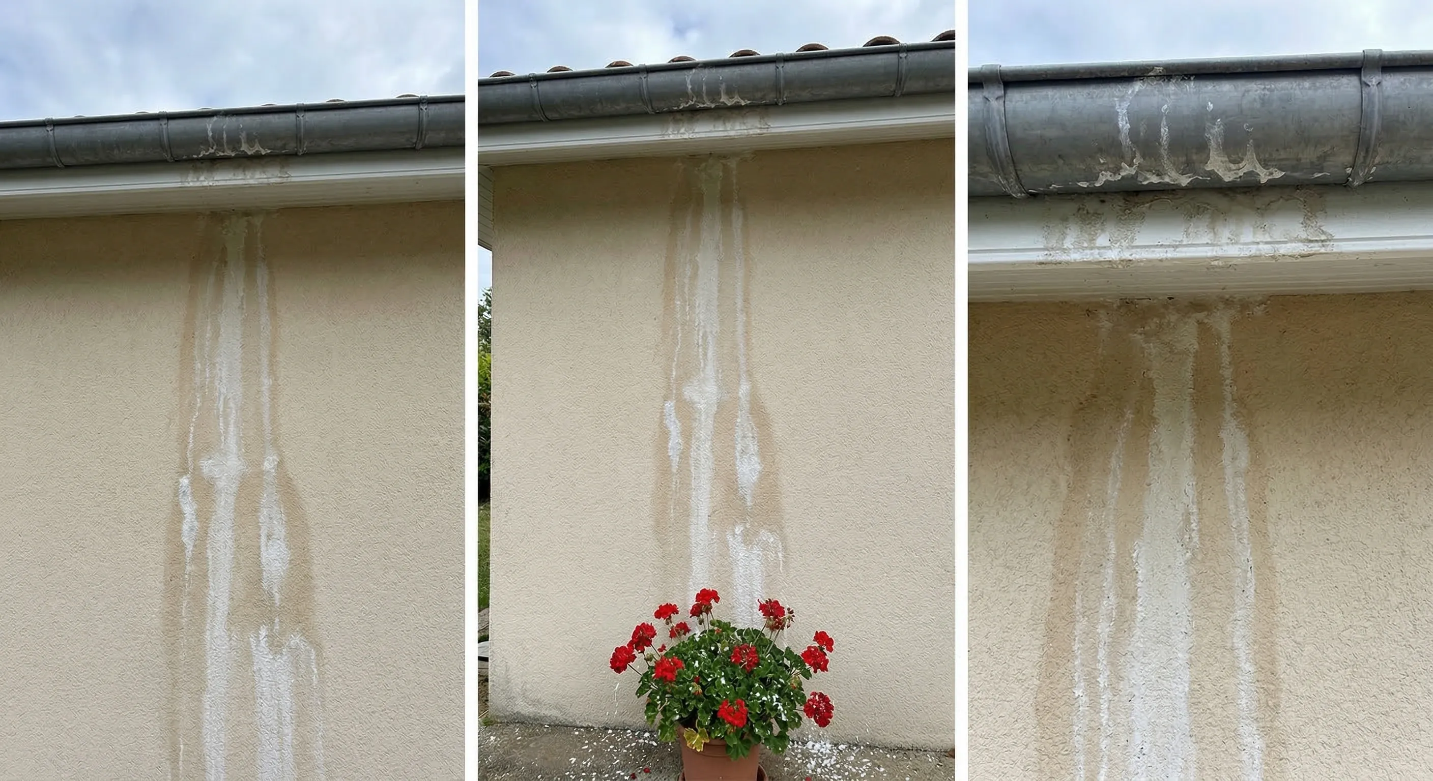 Traces blanchâtres de coulures d'hydrofuge mal polymérisé sur un crépi de façade sous la gouttière