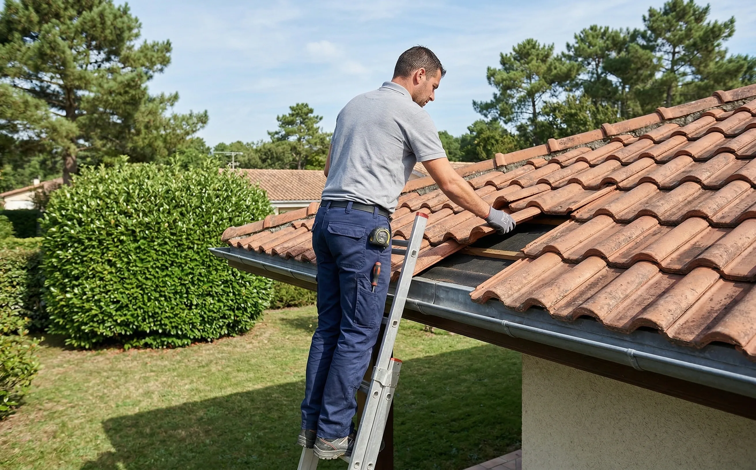 Couvreur inspectant une toiture depuis une échelle sur un pavillon à tuiles mécaniques