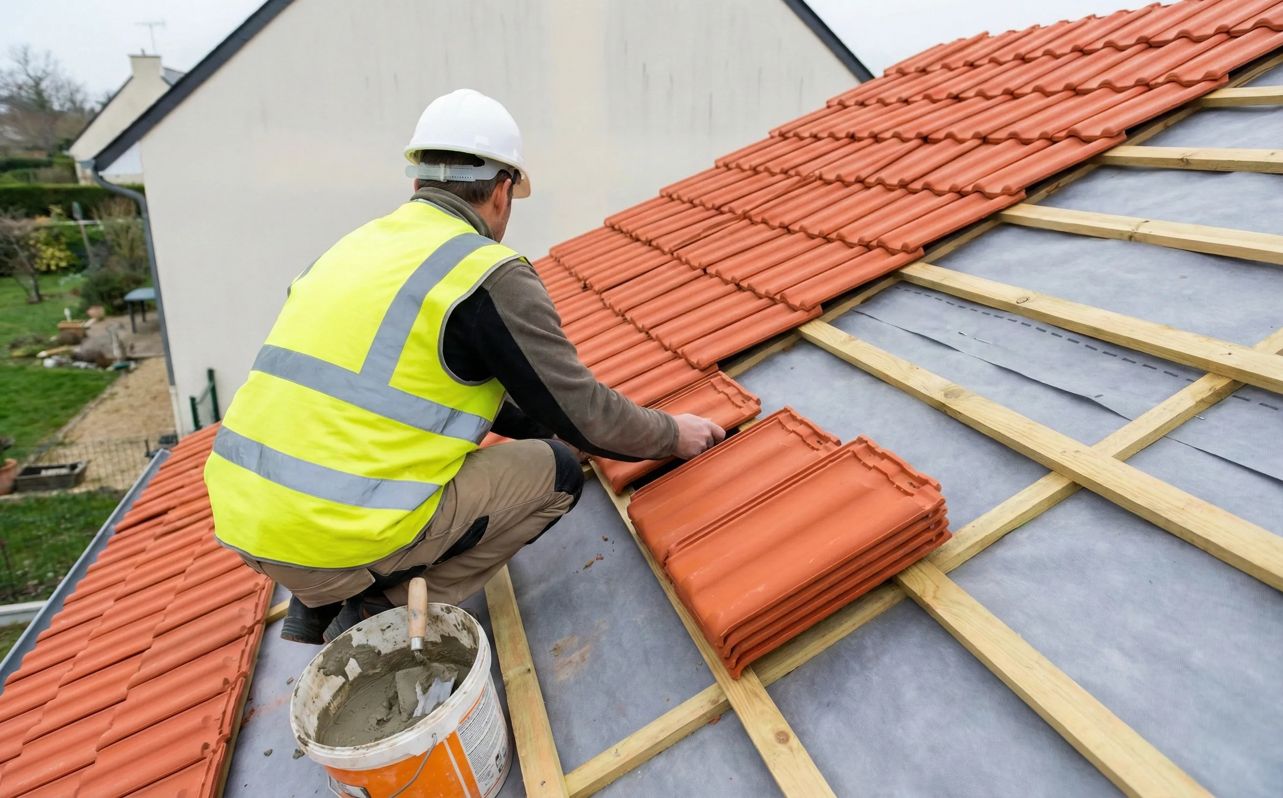 Couvreur posant des tuiles canal neuves sur une toiture en renovation, equipement de securite