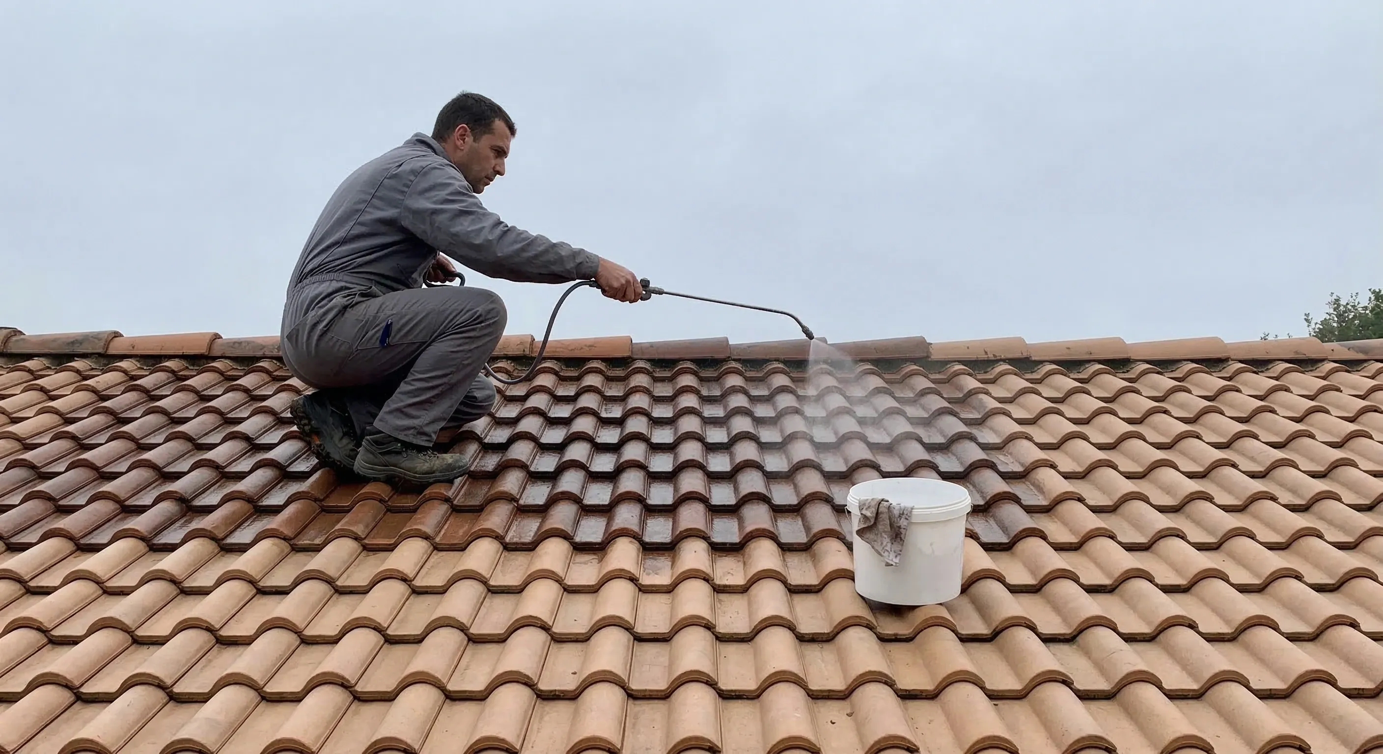 Couvreur accroupi sur une toiture par temps couvert pulvérisant un biocide avec une lance basse pression