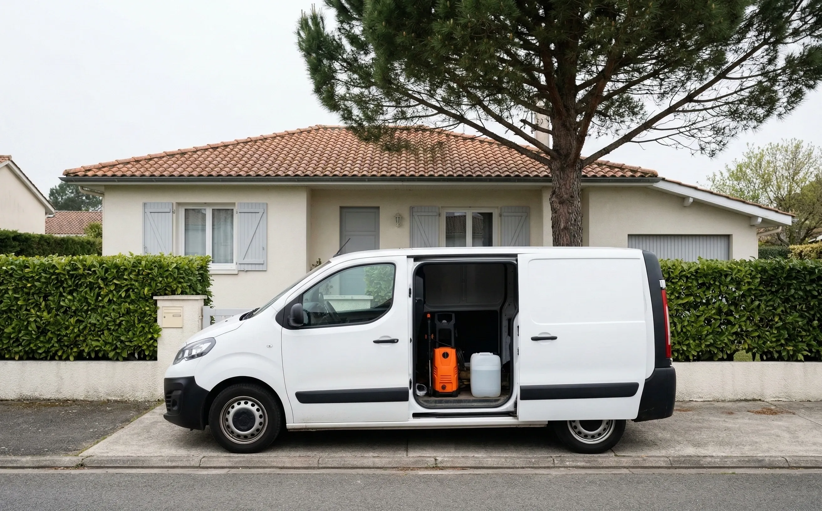 Camionnette banalisée dans un lotissement, signe typique de démarchage frauduleux pour du nettoyage de toiture