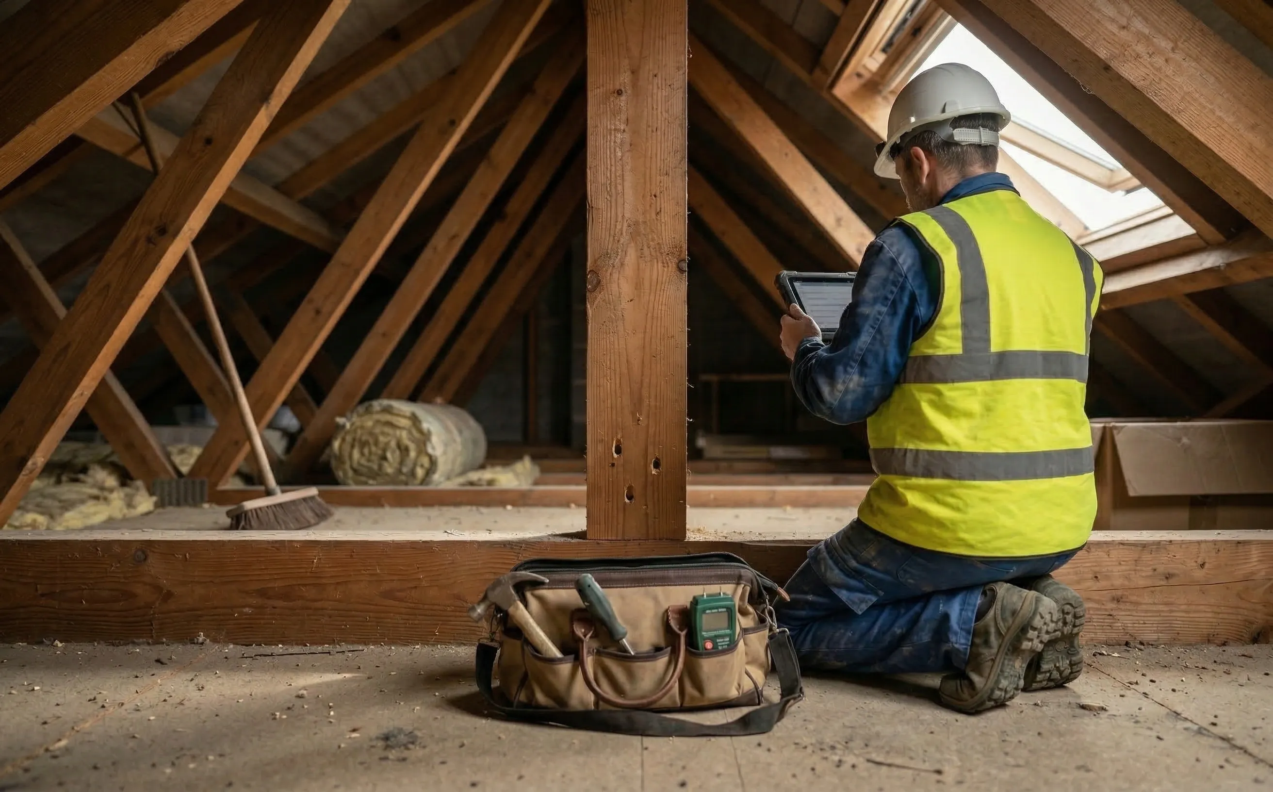 Professionnel rédigeant un rapport de diagnostic charpente dans des combles avec tablette numérique