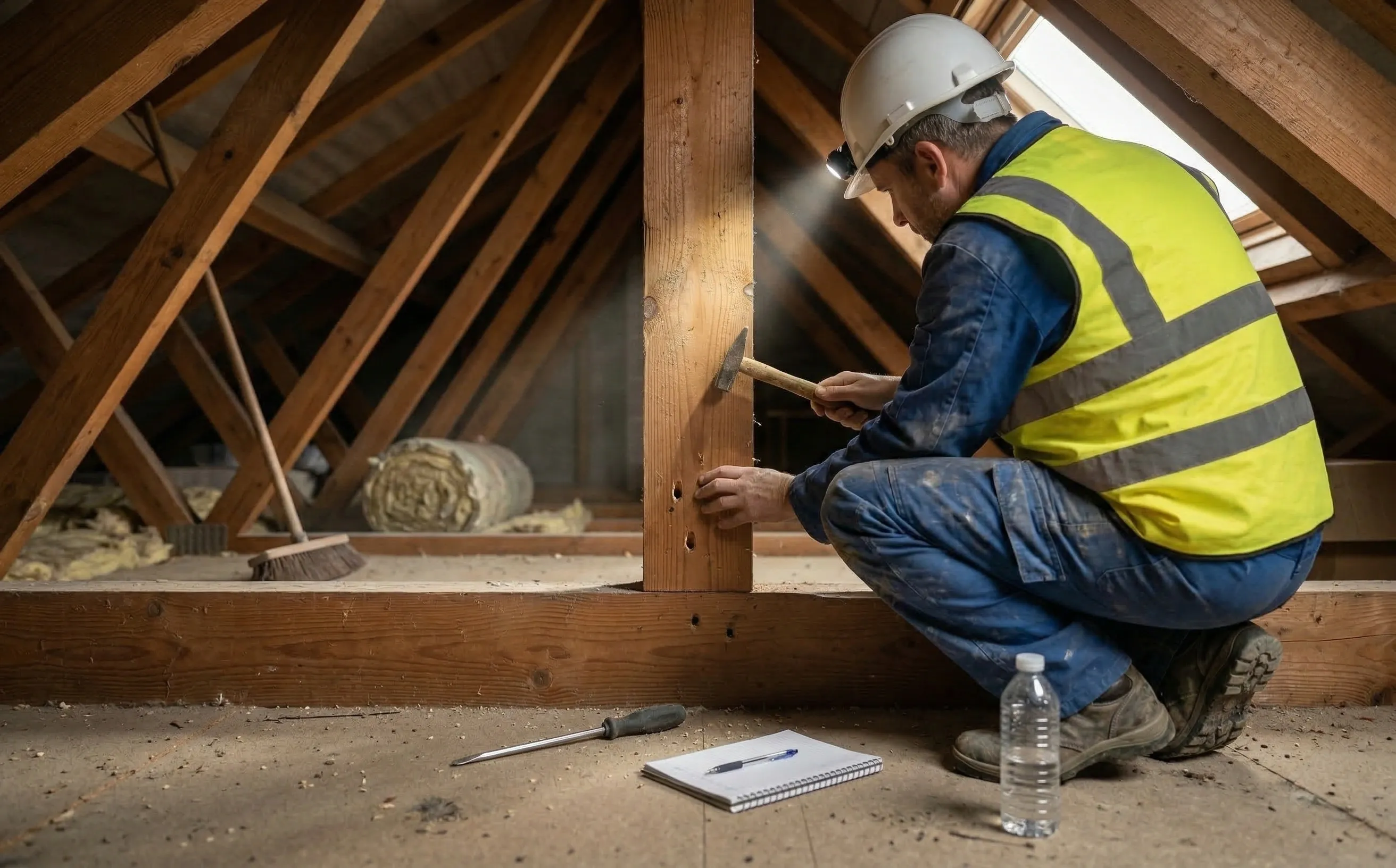 Professionnel sondant une poutre de charpente au marteau dans des combles avec lampe frontale