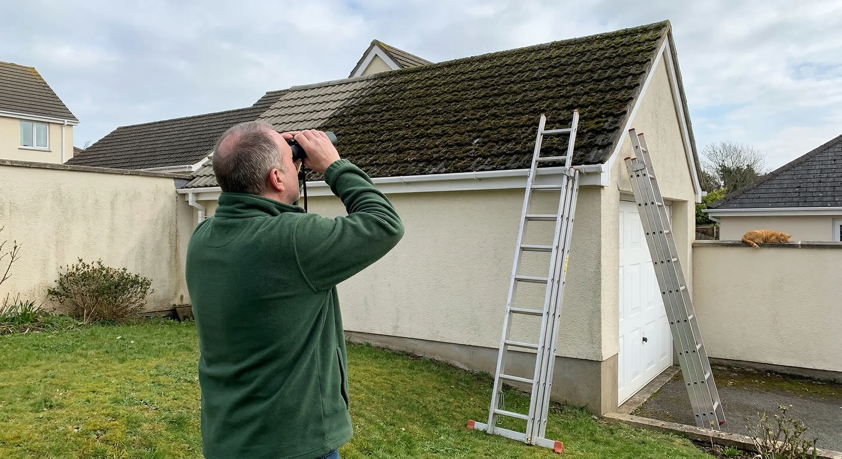 Propriétaire observant sa toiture moussue avec des jumelles depuis le jardin en mars, versant nord couvert de mousse