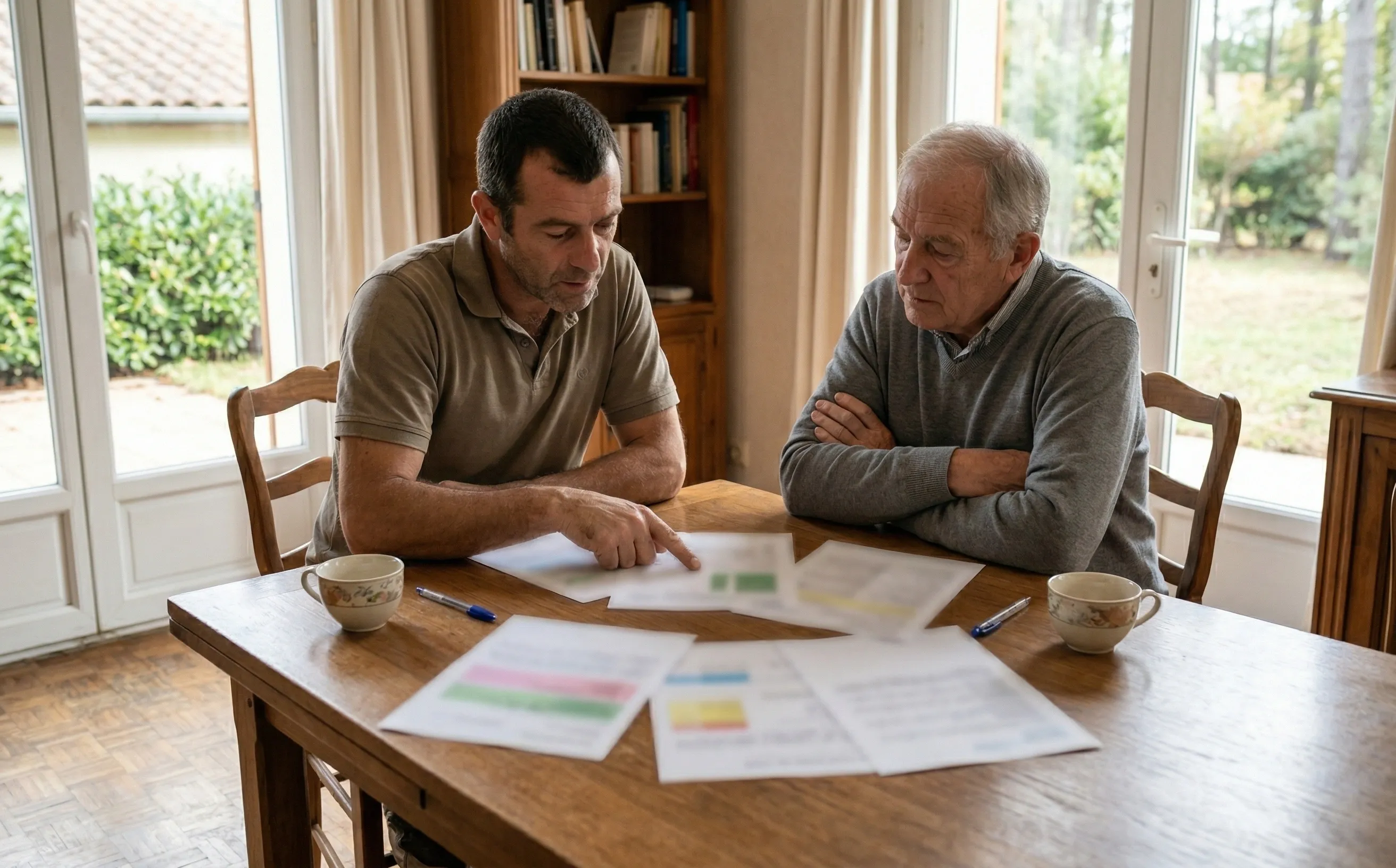 Deux personnes discutant autour de documents dans le salon d'un pavillon bordelais, lumière naturelle de fenêtre