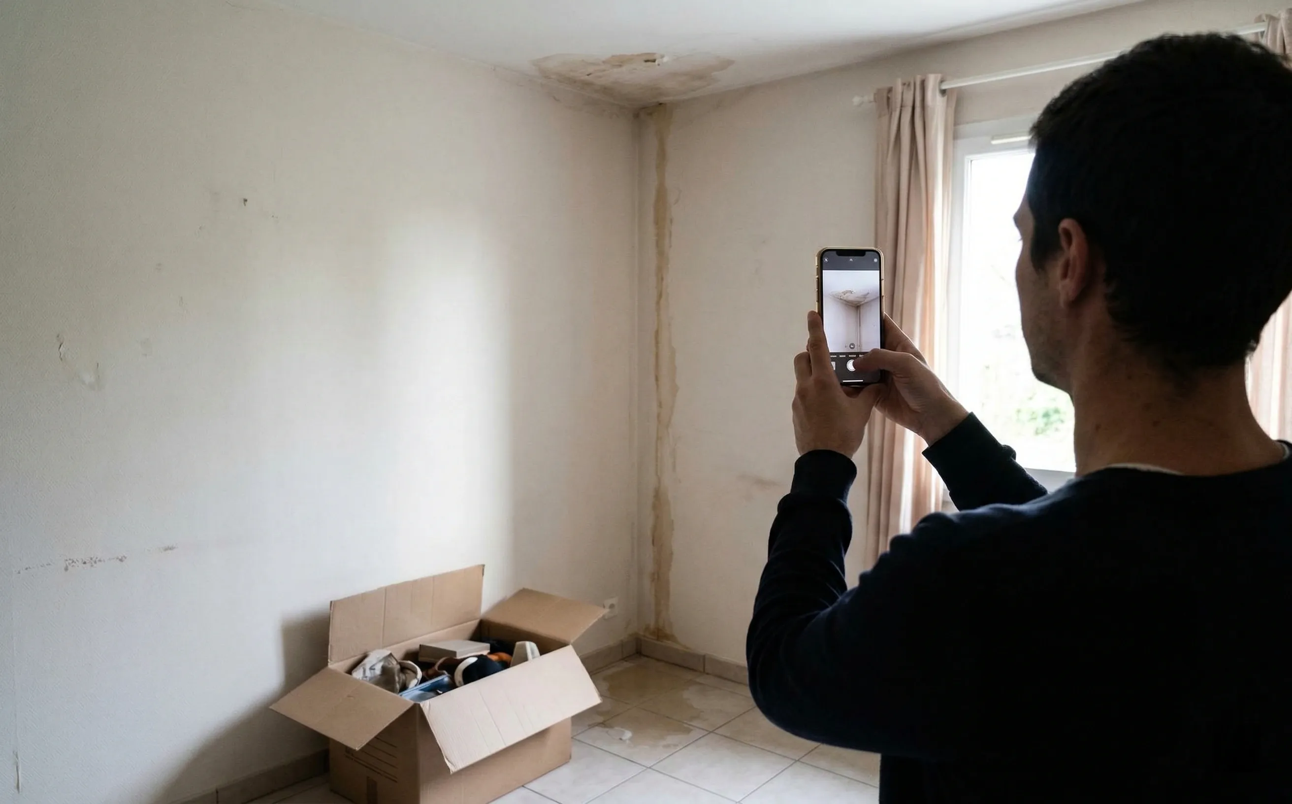 Personne photographiant un dégât des eaux au plafond avec un smartphone