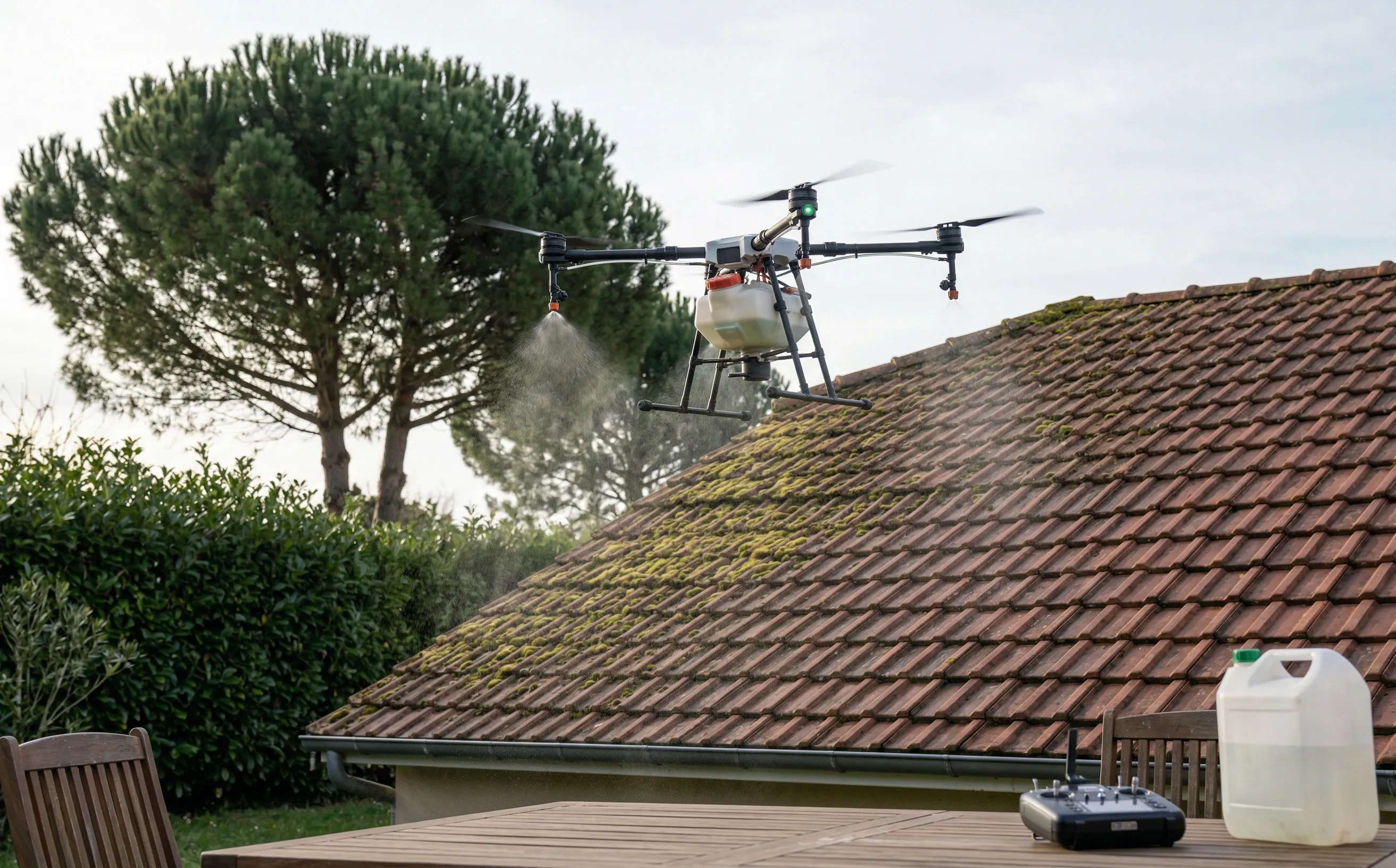 Drone de pulvérisation en vol stationnaire au-dessus d'une toiture en tuiles mécaniques lors d'un démoussage