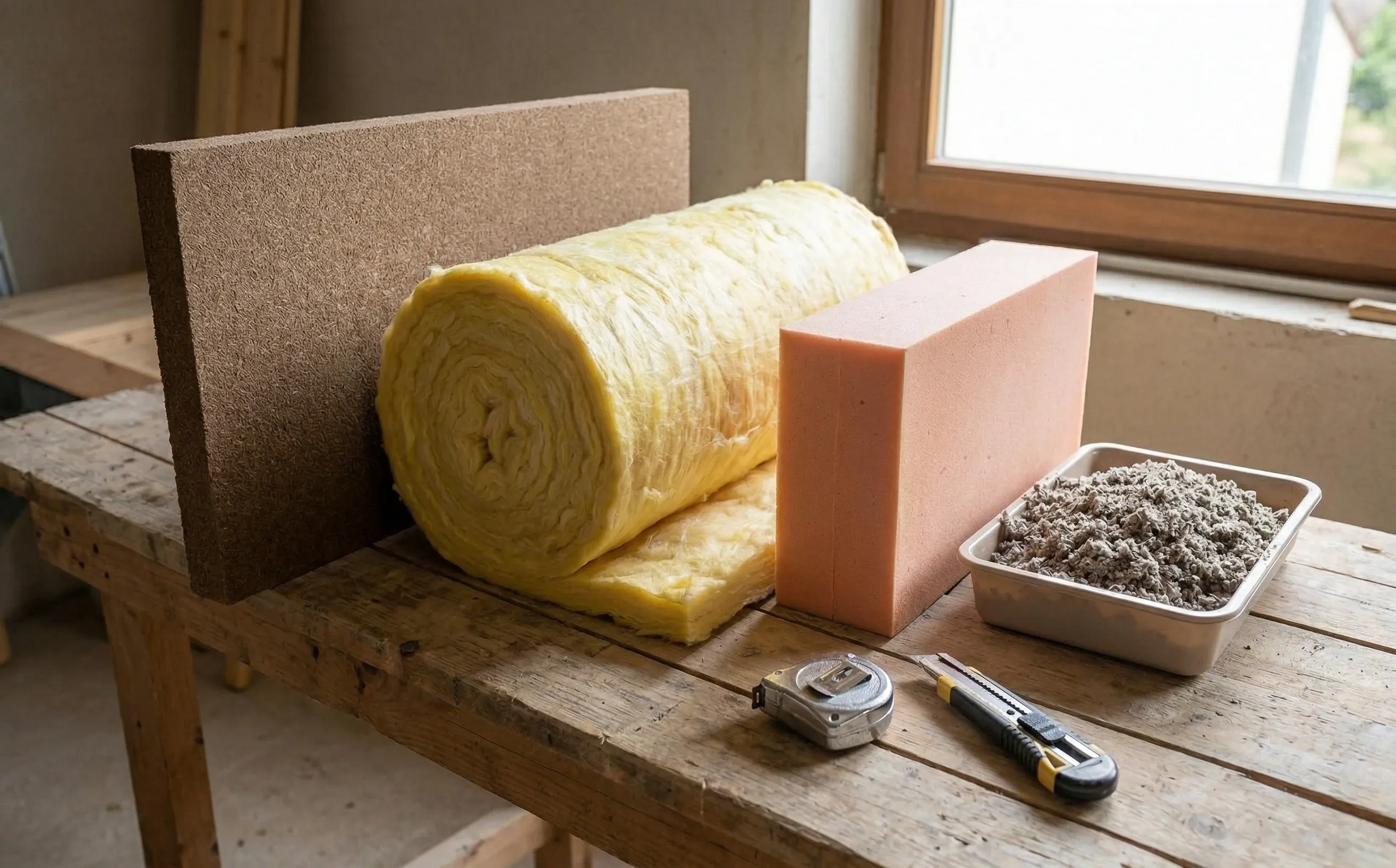 Échantillons d'isolants sur un établi de chantier : fibre de bois, laine de verre, polyuréthane et ouate de cellulose