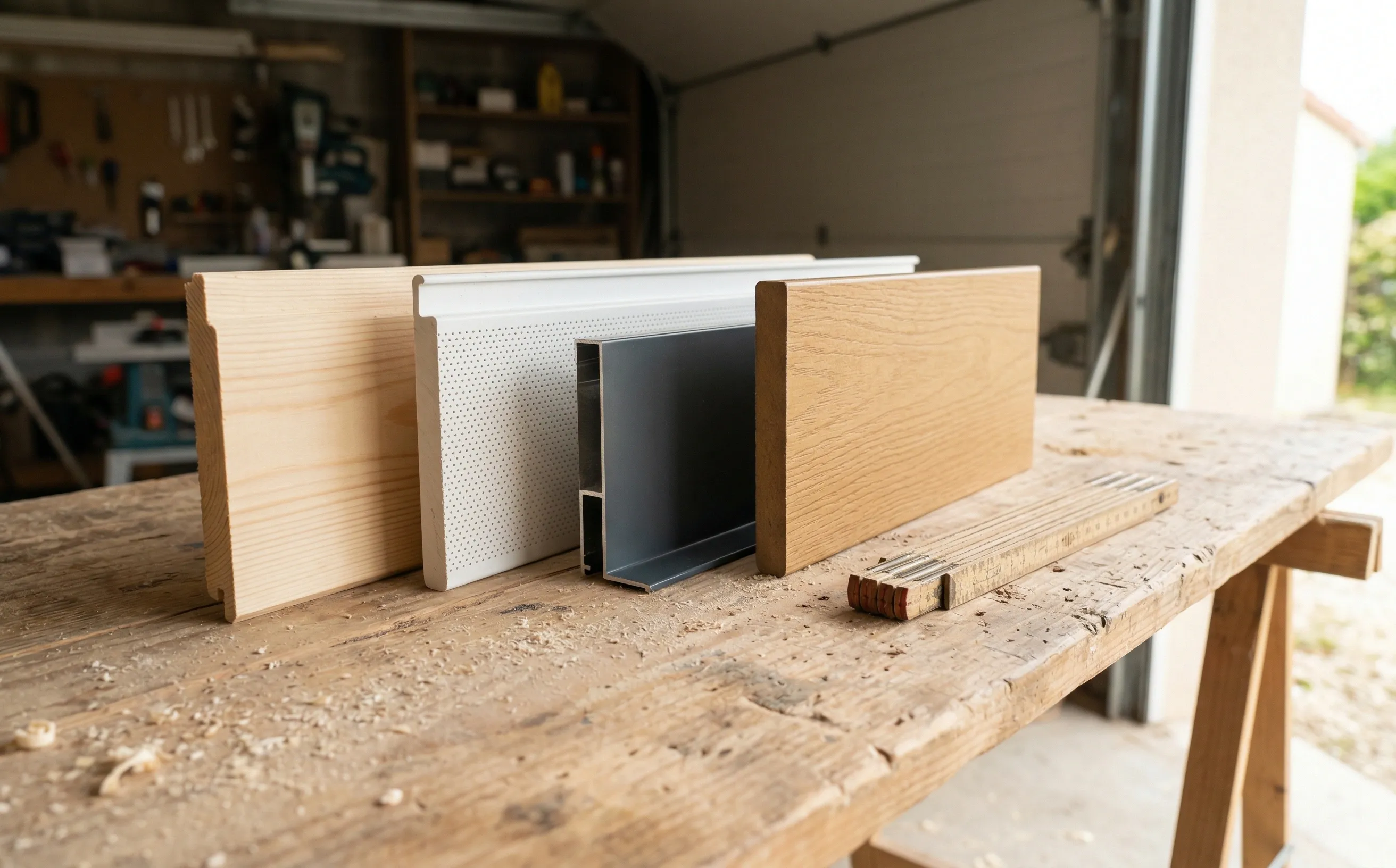 Quatre échantillons de sous-face posés sur un établi de chantier : lambris bois, lame PVC blanche perforée, profil aluminium gris anthracite et lame composite