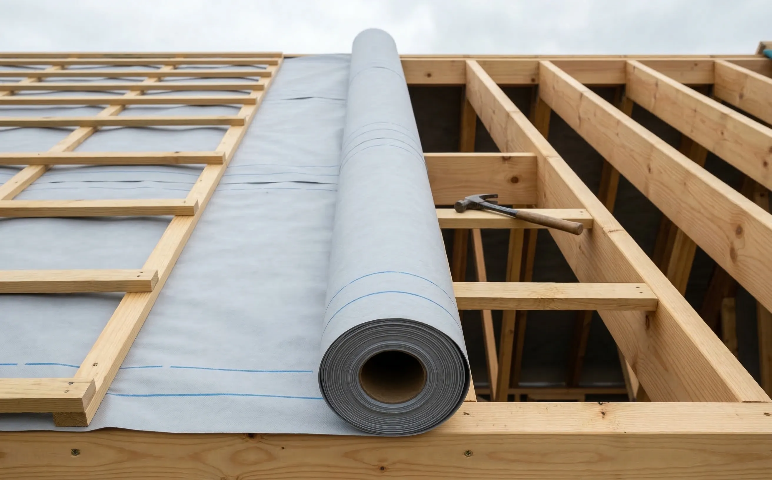 Écran de sous-toiture HPV déroulé sur les chevrons d'une charpente en pin avant la pose des contre-lattes