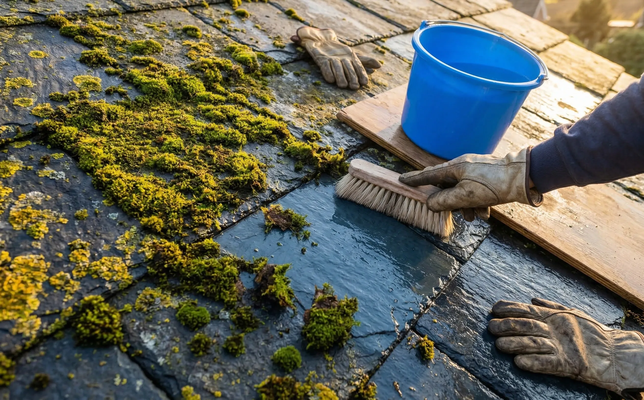 Brosse douce sur ardoise mouillée avec mousse partiellement retirée, seau et gants de travail