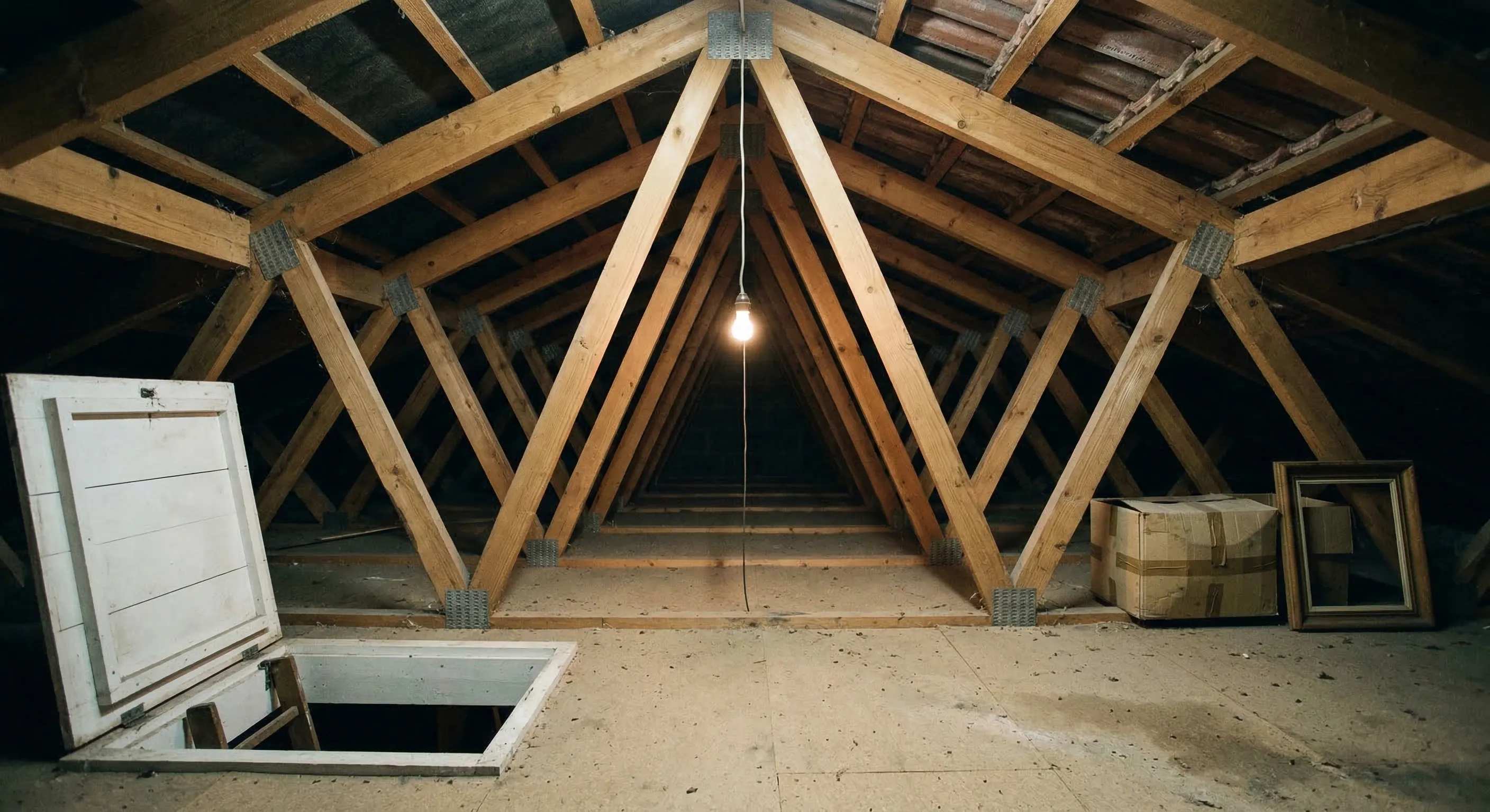 Fermettes industrielles en pin dans les combles d'un pavillon des années 1980 en Gironde