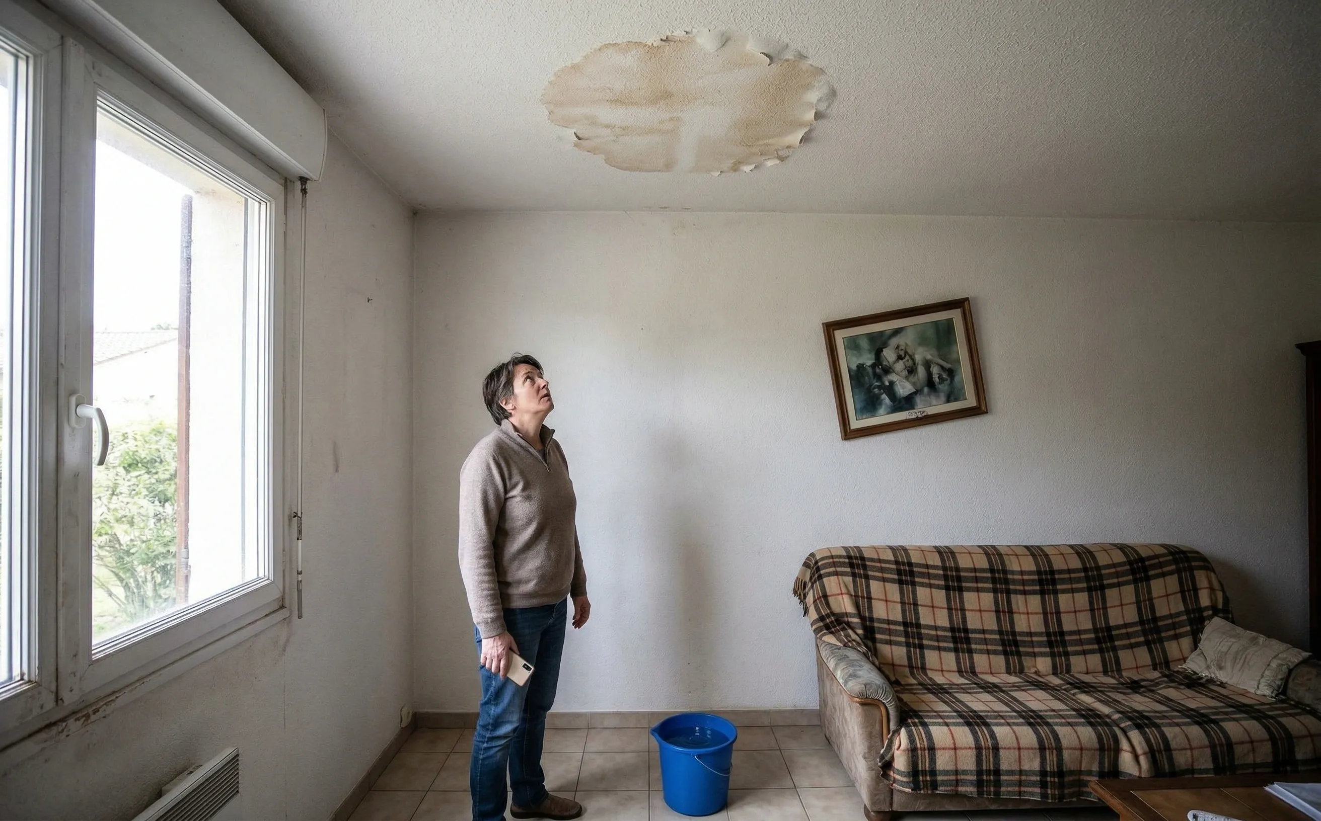 Propriétaire découvrant une tache d'humidité au plafond d'un salon de pavillon girondin