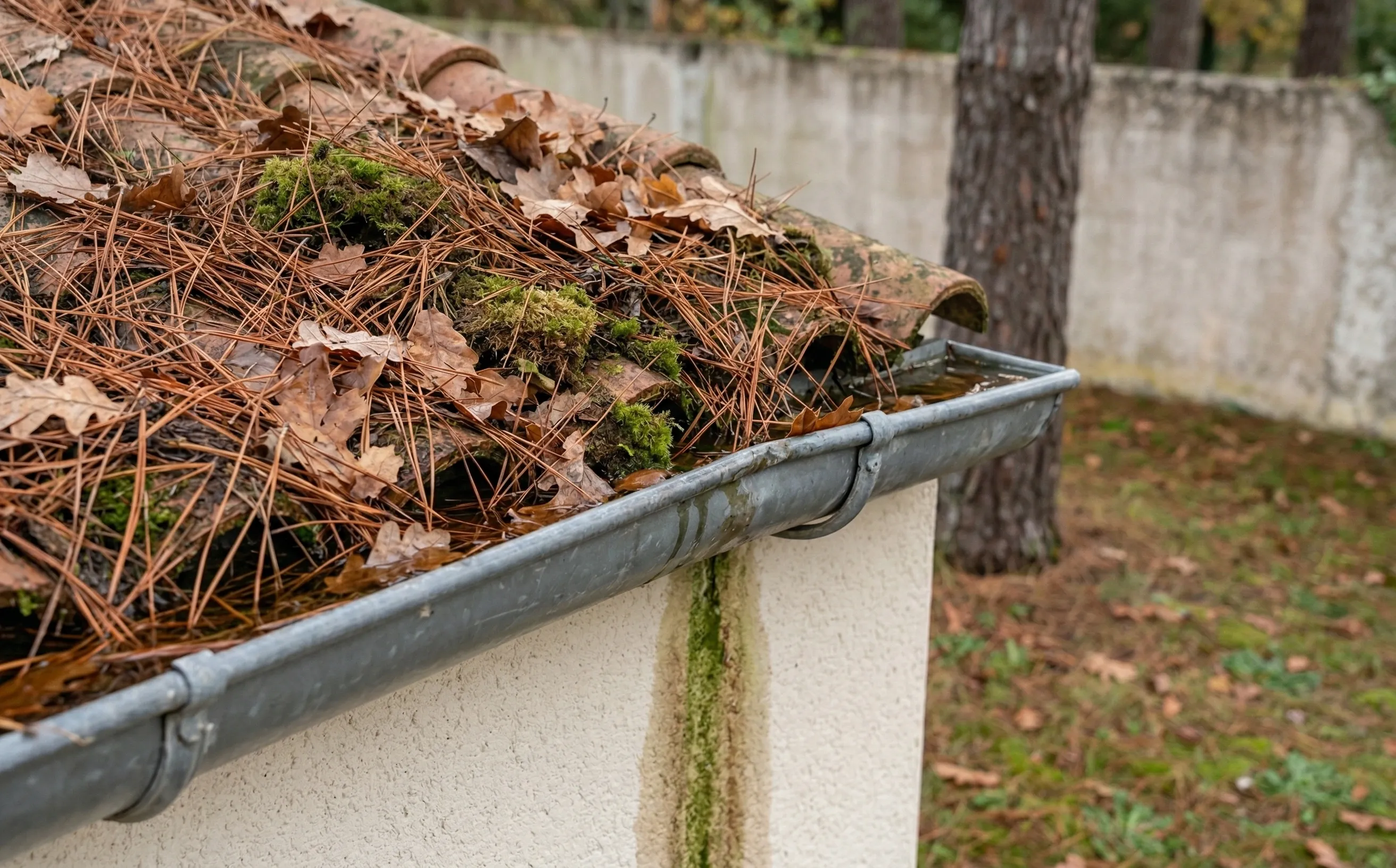 Gouttière en zinc remplie d'aiguilles de pin et de feuilles mortes, eau débordant sur la façade en crépi beige avec trace verte de ruissellement