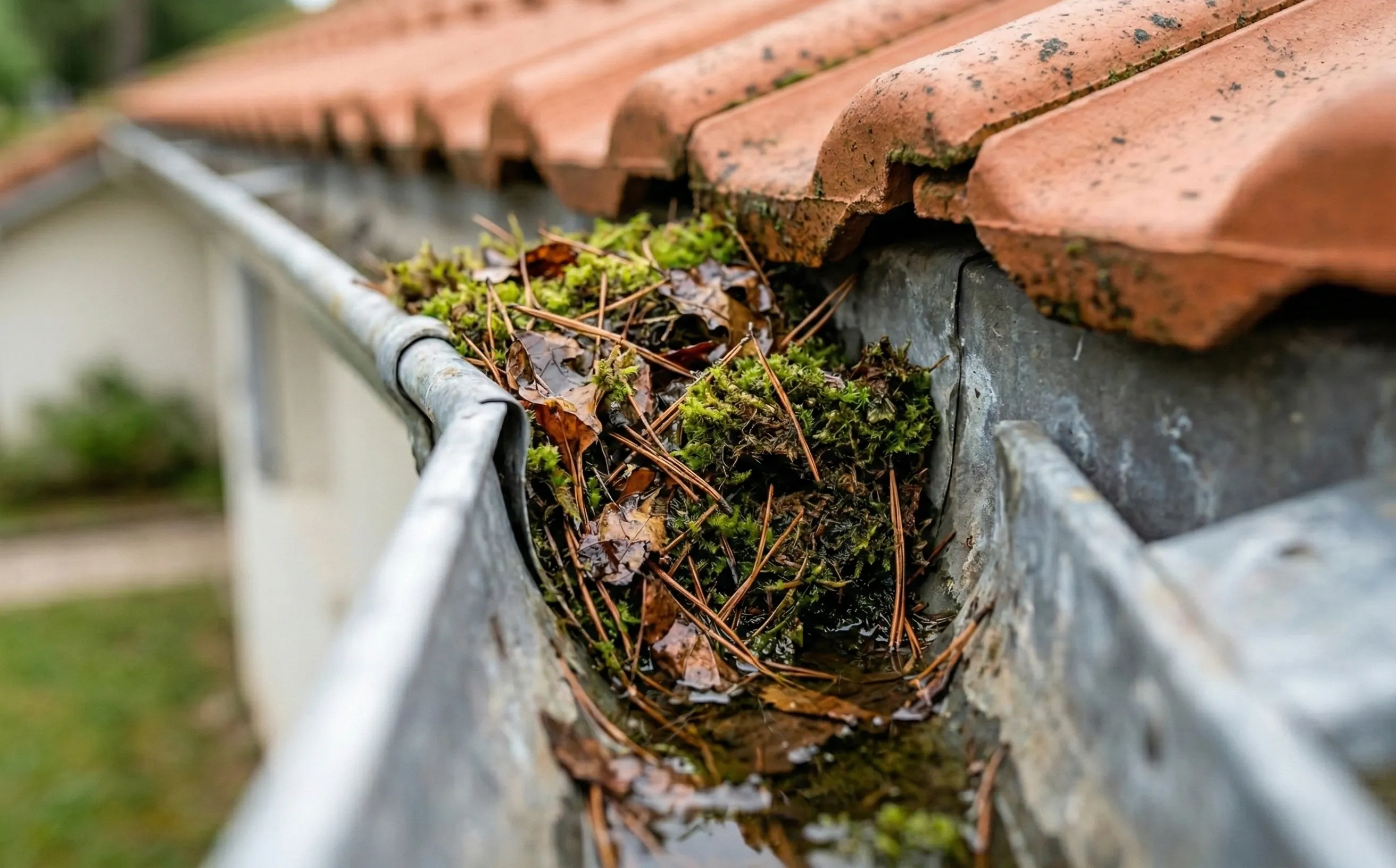 Gouttière en zinc engorgée de mousse, aiguilles de pin maritime et feuilles mortes, eau stagnante