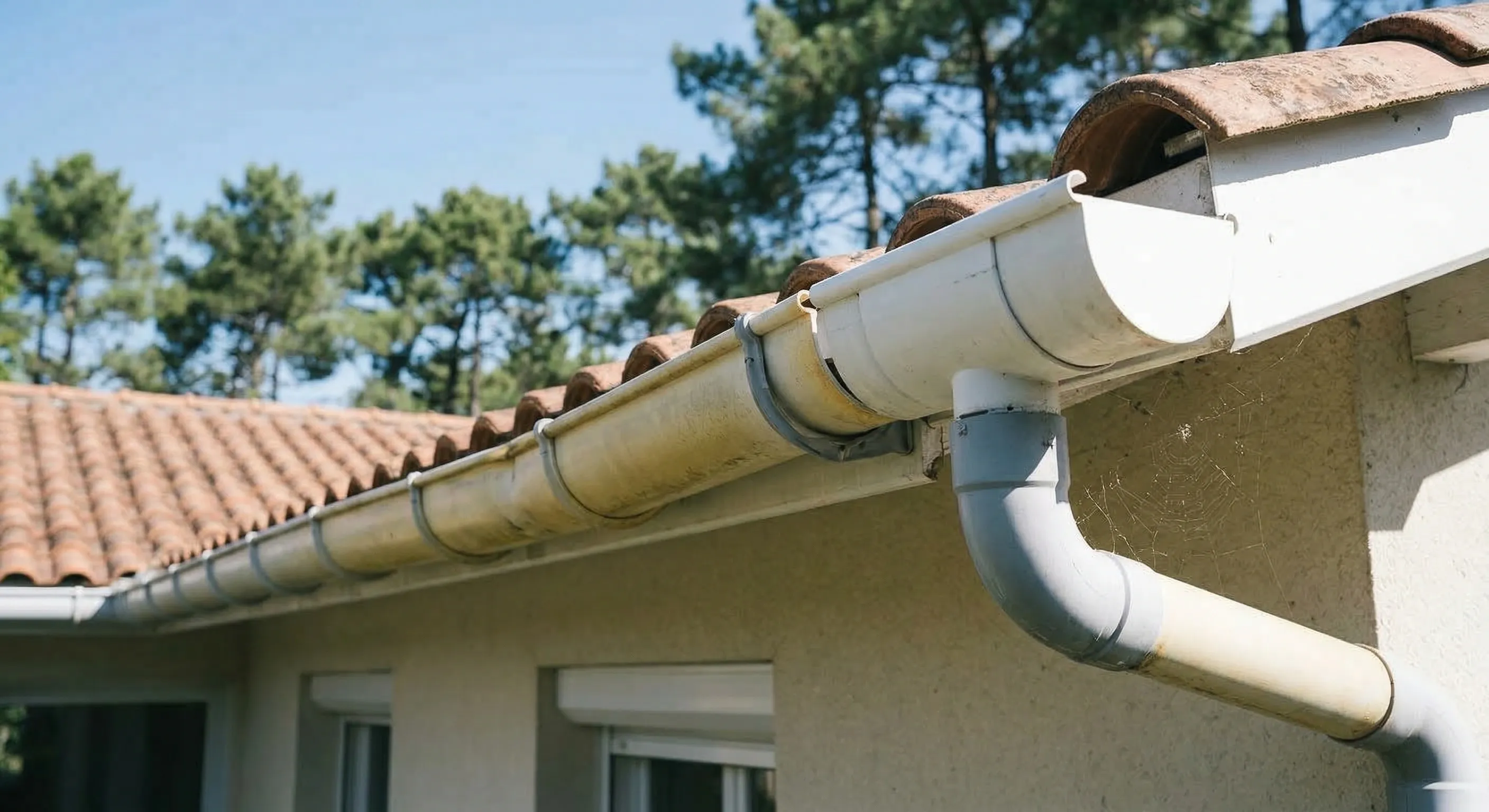 Gouttière PVC blanche jaunie et gondolée sur la façade sud d'un pavillon, contraste net entre la partie exposée au soleil et la partie protégée par le débord de toit