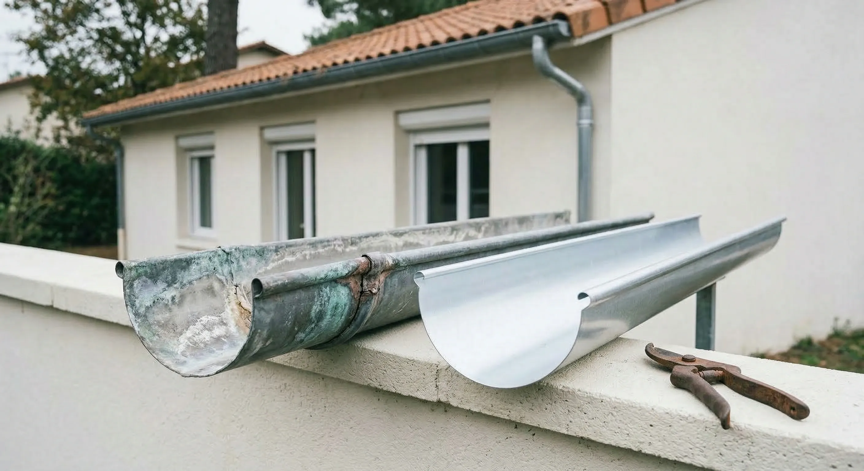 Deux tronçons de gouttière zinc côte à côte : ancien avec patine vert-de-gris et soudure dégradée, neuf en zinc brillant coupe nette