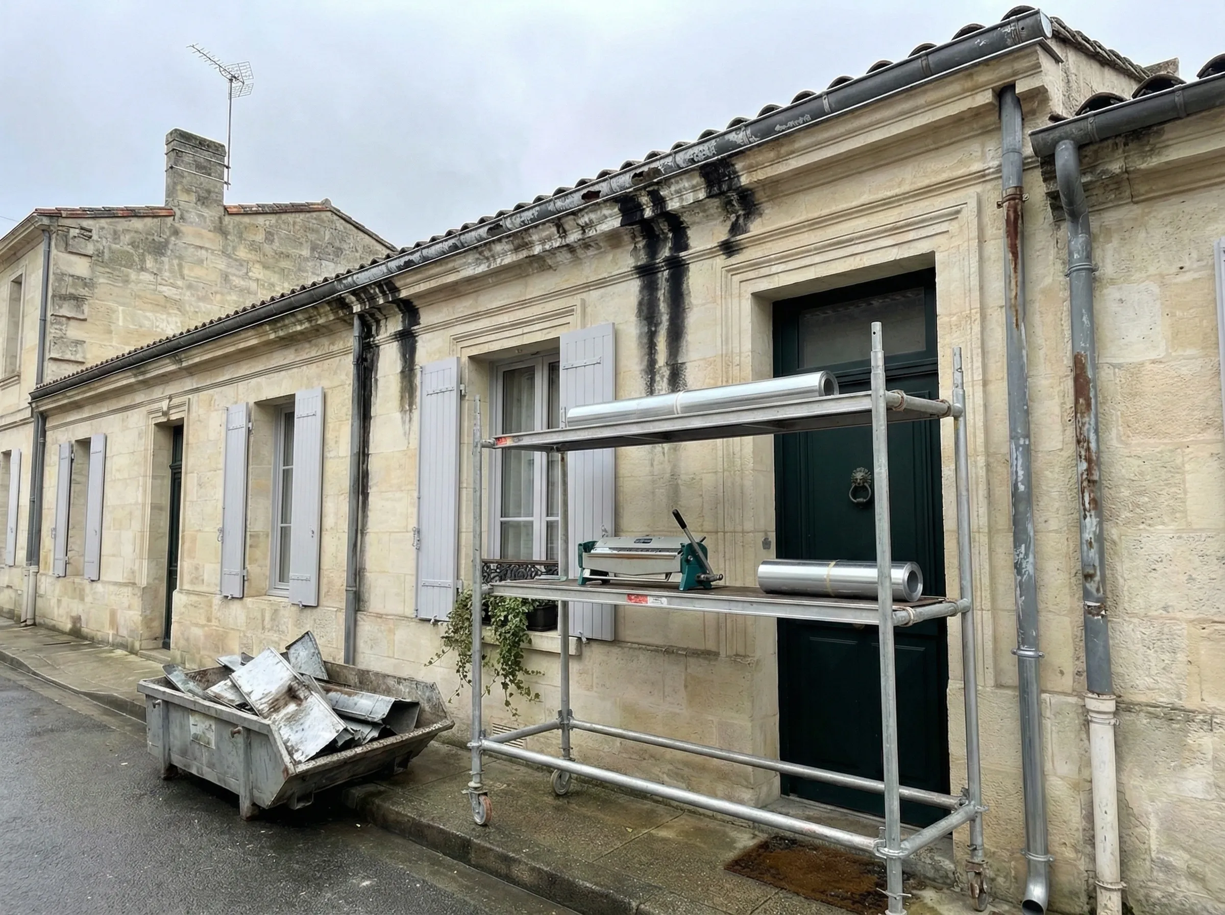 Gouttières en zinc corrodé et percé sur façade en pierre calcaire d'une maison de ville XIXe à Pessac-Centre