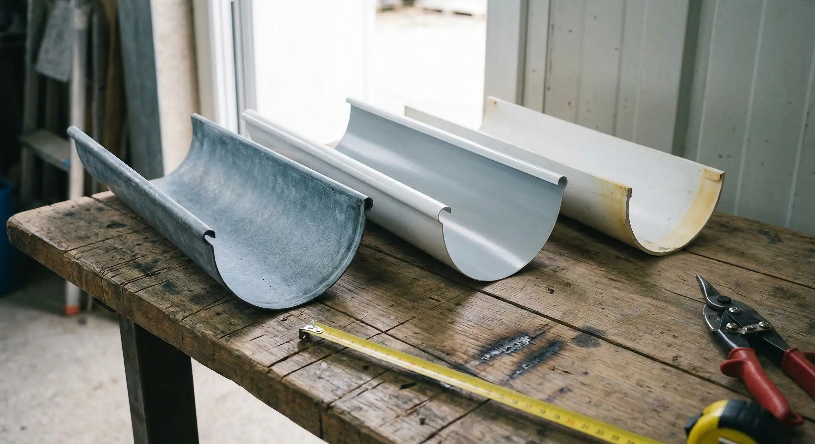 Trois tronçons de gouttière demi-ronde en zinc patiné, aluminium laqué blanc et PVC posés côte à côte sur un établi de chantier