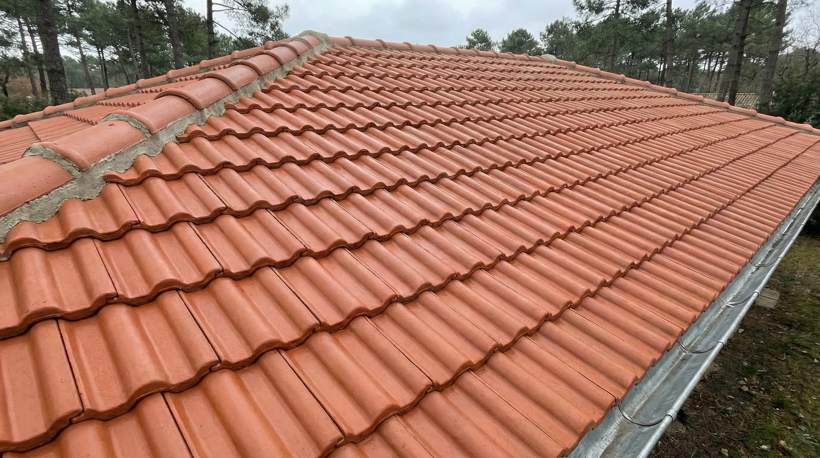 Toiture en tuiles terre cuite après démoussage et traitement hydrofuge à Pessac