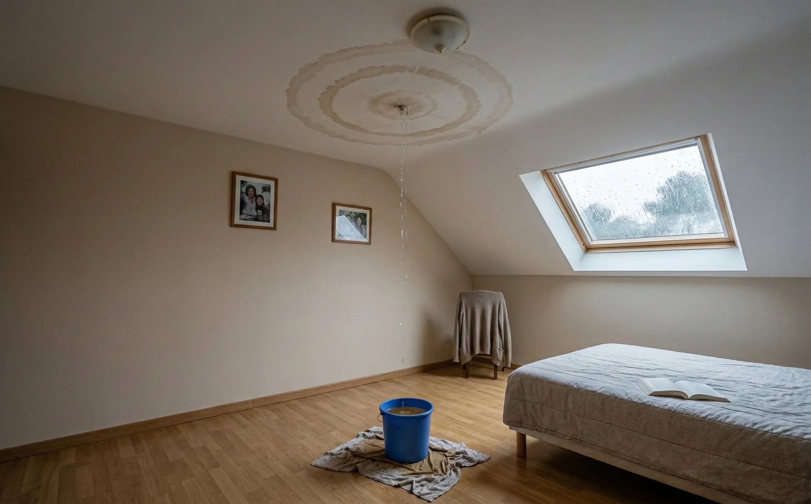 Bassine posée sous une fuite au plafond avec auréole concentrique brune témoignant de plusieurs épisodes de pluie