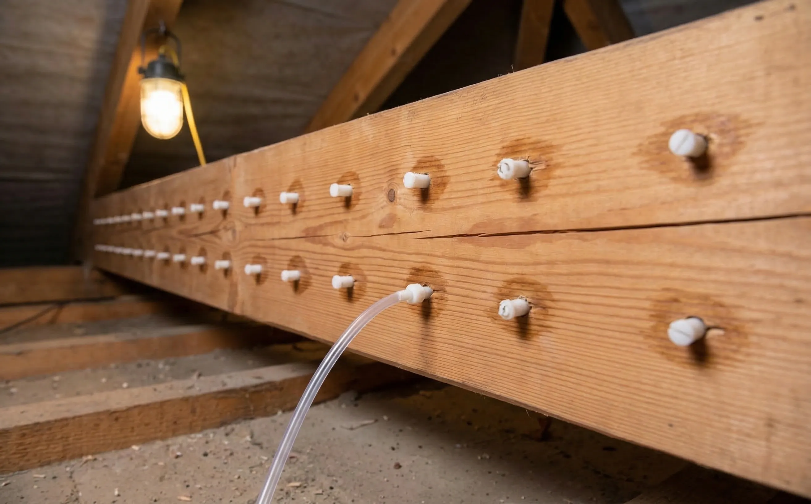 Chevilles d'injection en plastique blanc dans une poutre de charpente traitée sous pression