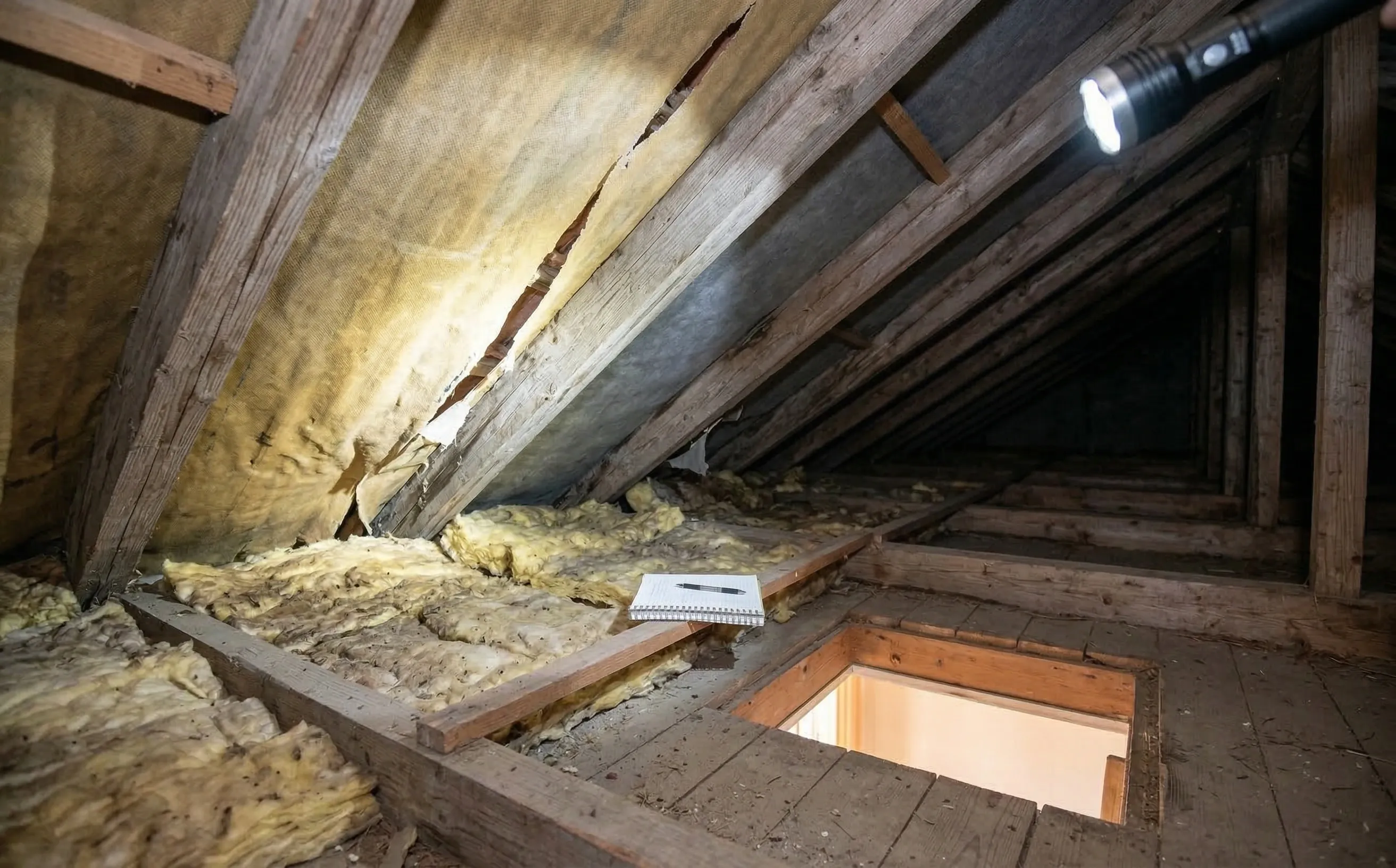 Inspection de combles éclairant un écran de sous-toiture vieillissant avec zones de décoloration et isolant tassé