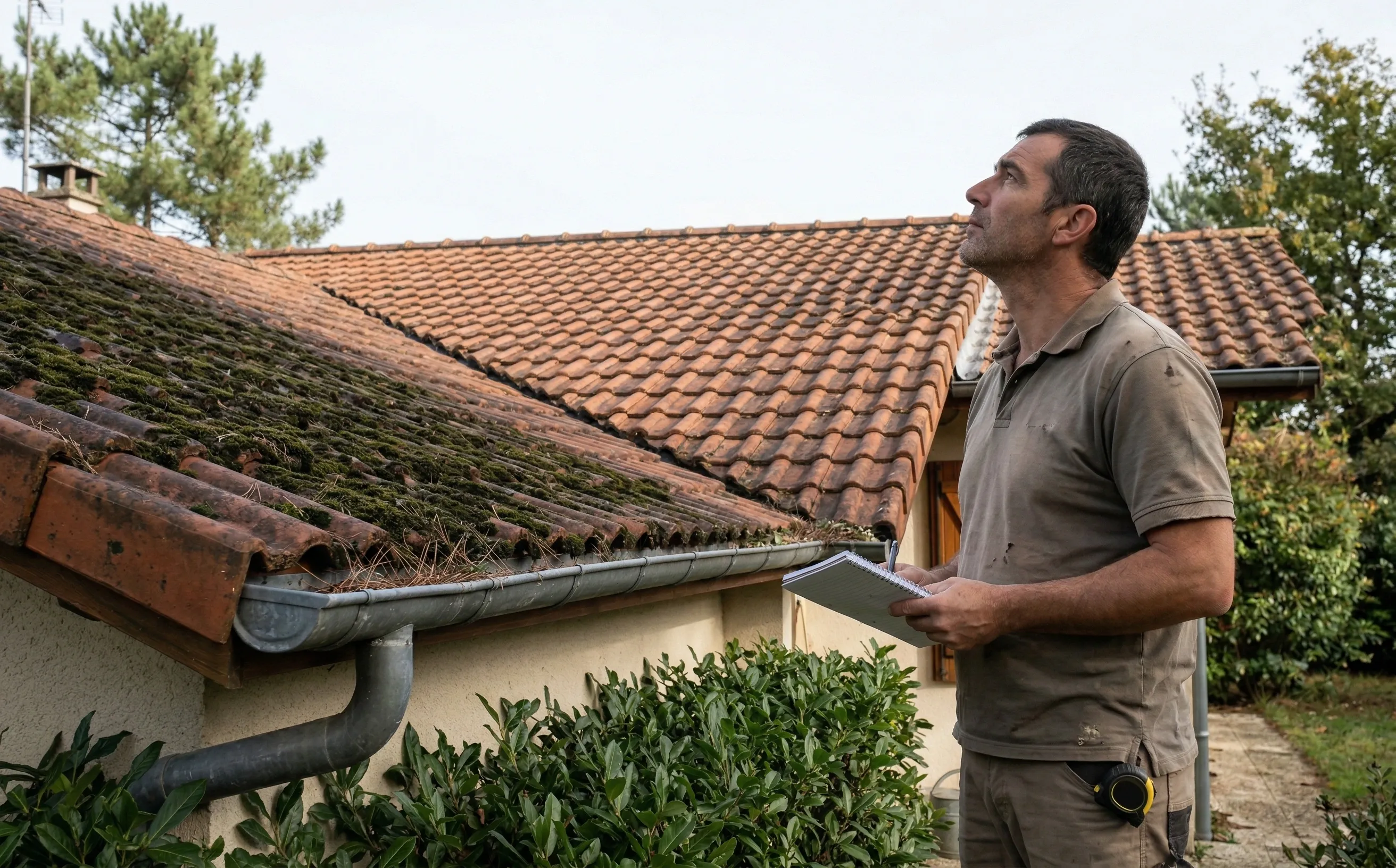 Couvreur professionnel inspectant une toiture ancienne depuis le jardin, tuiles déplacées et mousse visible entre les rangées