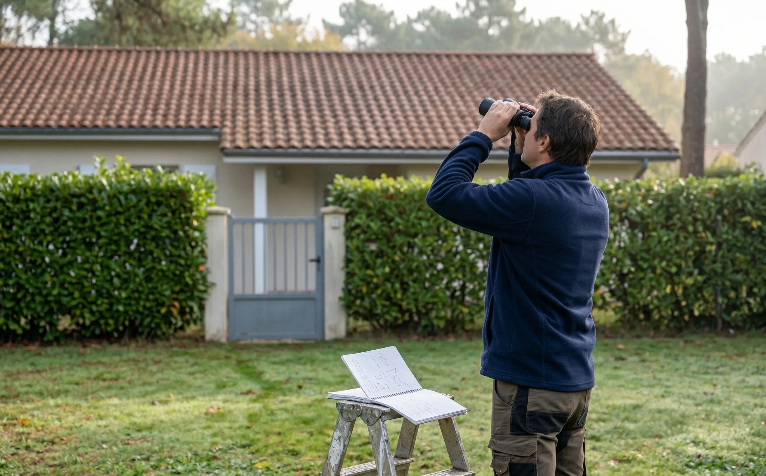 Personne debout dans un jardin de pavillon observant la toiture avec des jumelles, pelouse avec feuilles mortes, haie de lauriers