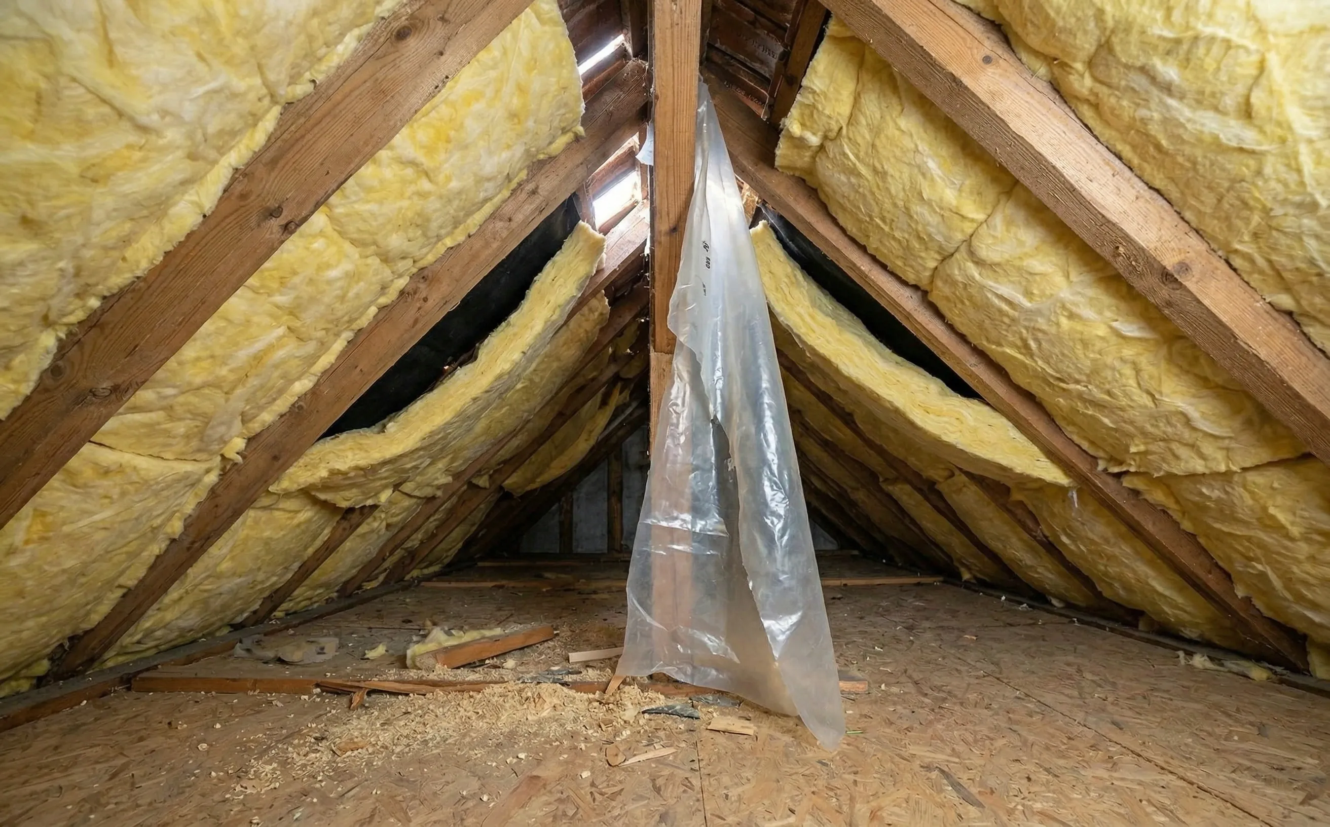 Isolation mal réalisée dans des combles avec laine de verre affaissée et interstices visibles entre les chevrons