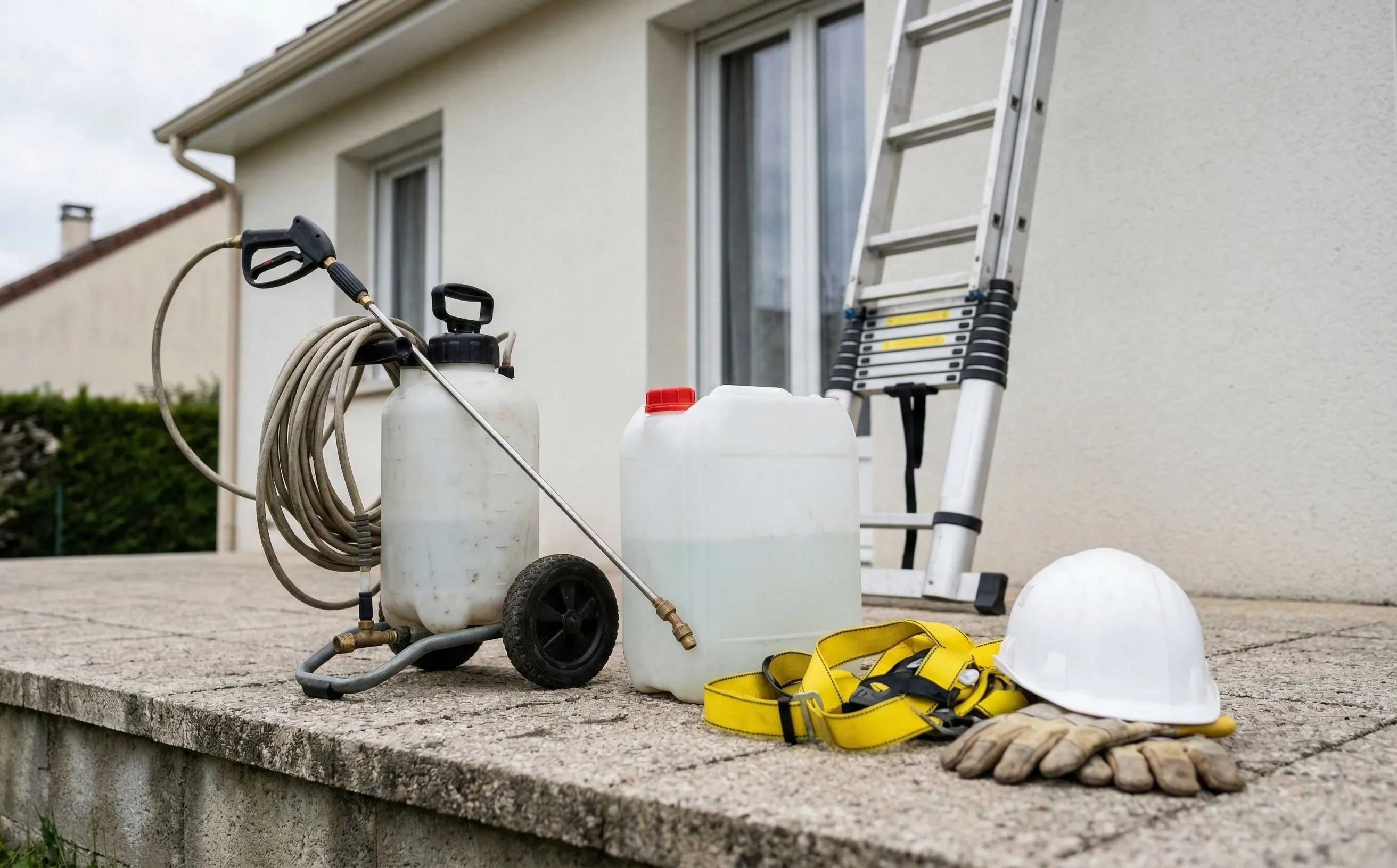 Matériel de démoussage professionnel aligné sur une terrasse de pavillon, pulvérisateur basse pression, bidon de biocide, harnais et casque de sécurité