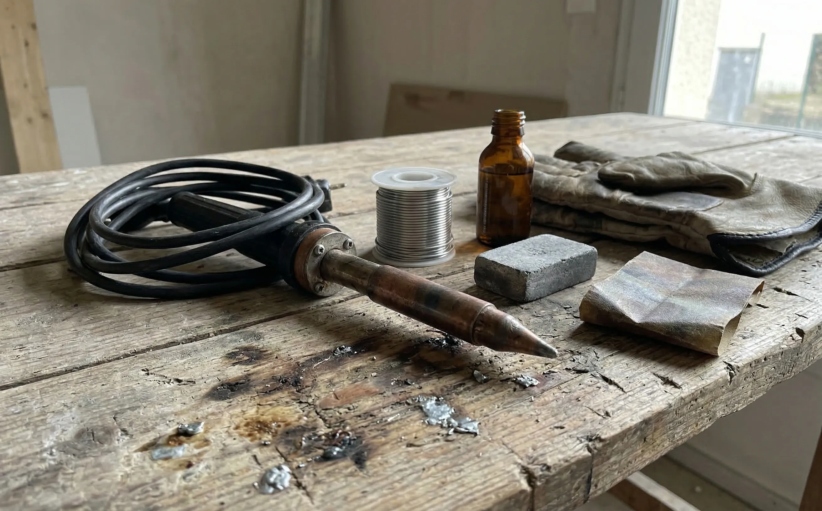 Matériel de soudure zinc sur un établi : fer de couvreur à panne cuivre, baguettes d'étain, décapant et pierre d'ammoniac