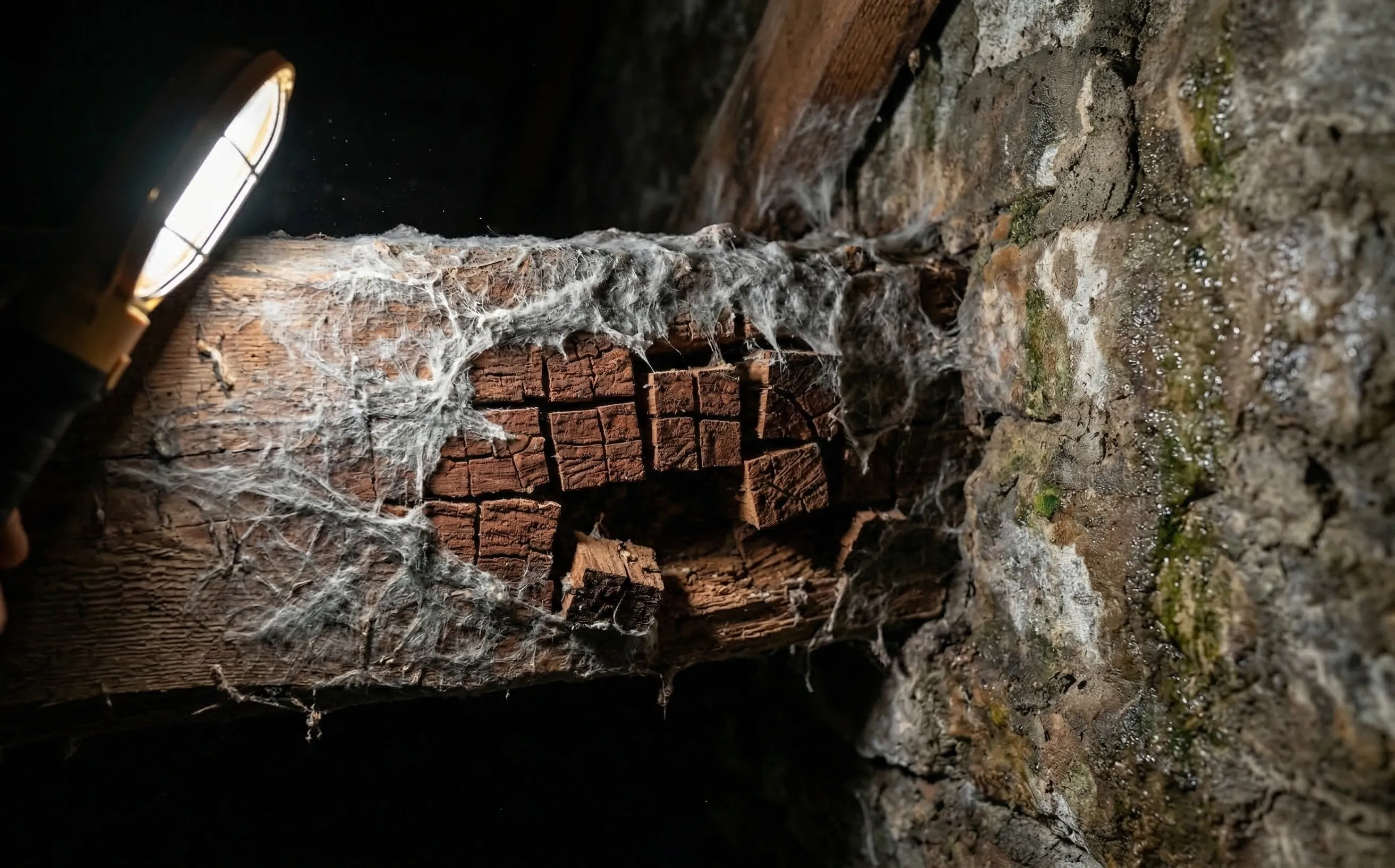 Mérule sur poutre de charpente avec filaments blancs cotonneux et bois craquelé en cubes bruns