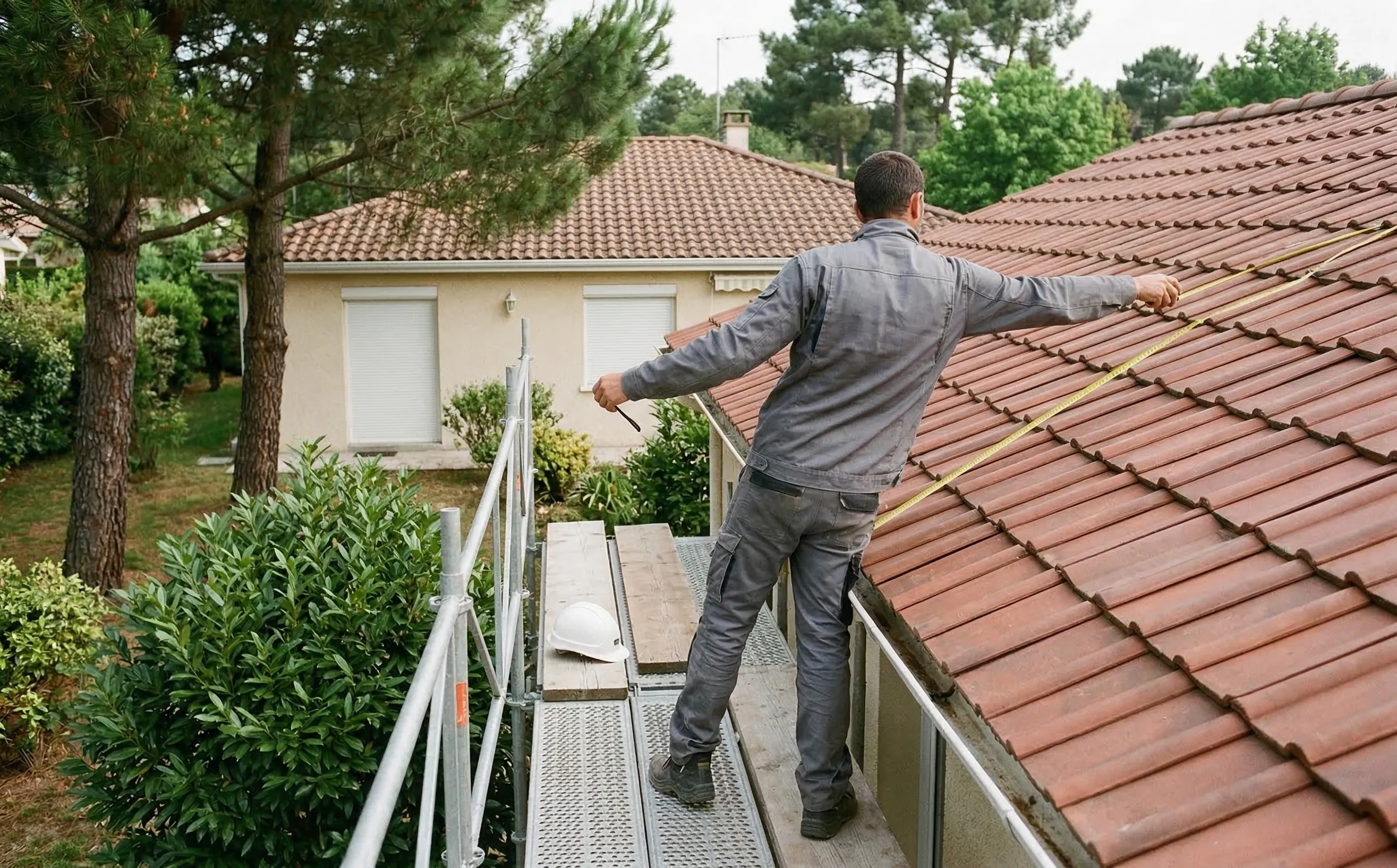 Couvreur mesurant la hauteur de pente sur un échafaudage le long d'une toiture en tuiles mécaniques