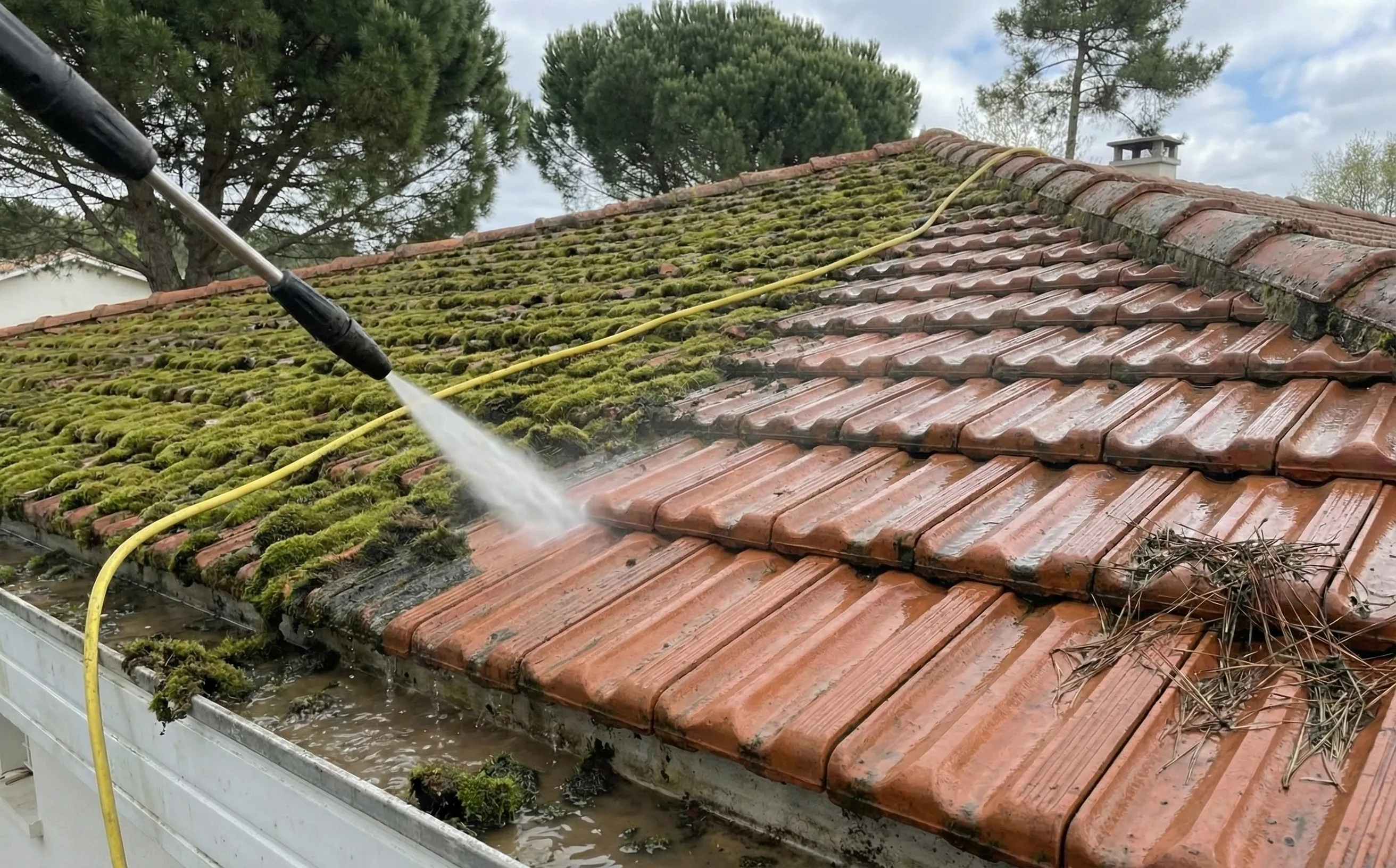 Nettoyage basse pression en cours sur toiture en tuiles mécaniques au quartier Cap de Bos à Pessac