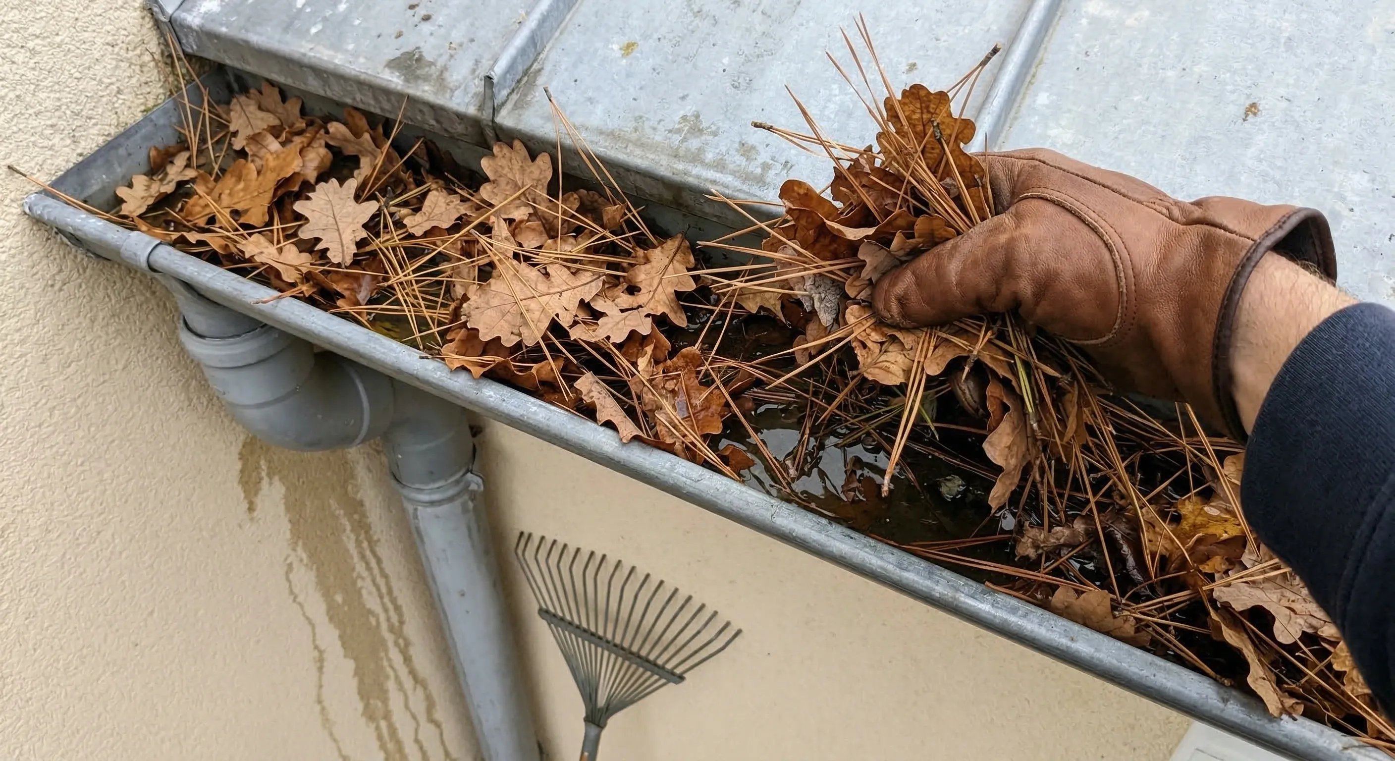 Gouttière remplie de feuilles mortes de chêne et d'aiguilles de pin maritime en novembre, nettoyage à la main gantée