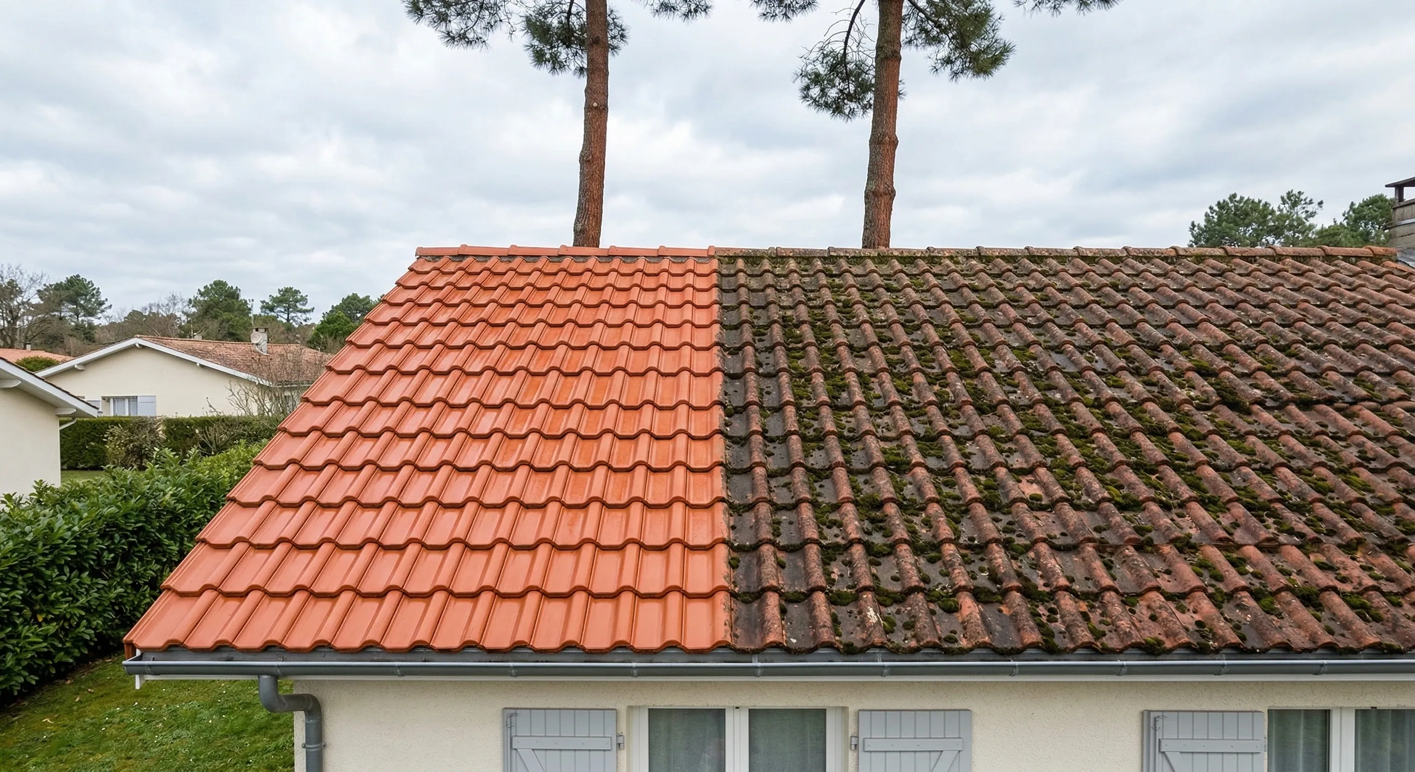Toiture de pavillon partiellement nettoyée au Kärcher avec contraste entre zone propre et zone moussue
