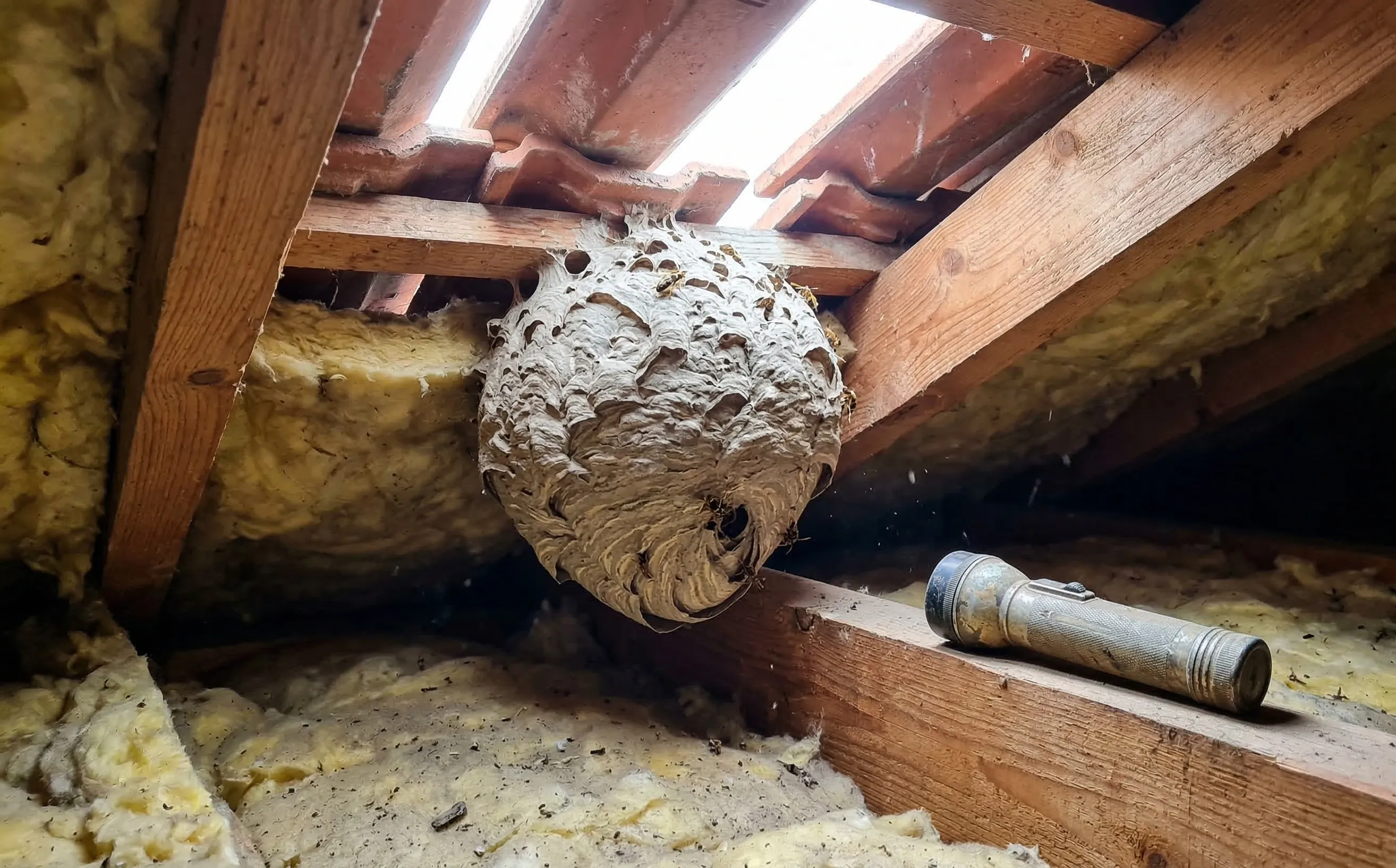 Nid de guêpes en papier mâché gris accrochée à un chevron dans les combles d'un pavillon girondin