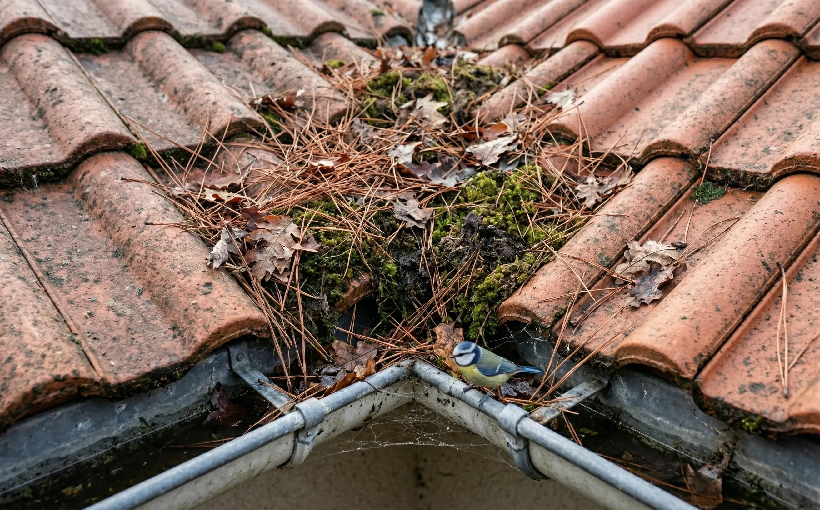 Noue de toiture encombrée de feuilles mortes, aiguilles de pin et mousse, gouttière zinc partiellement bouchée