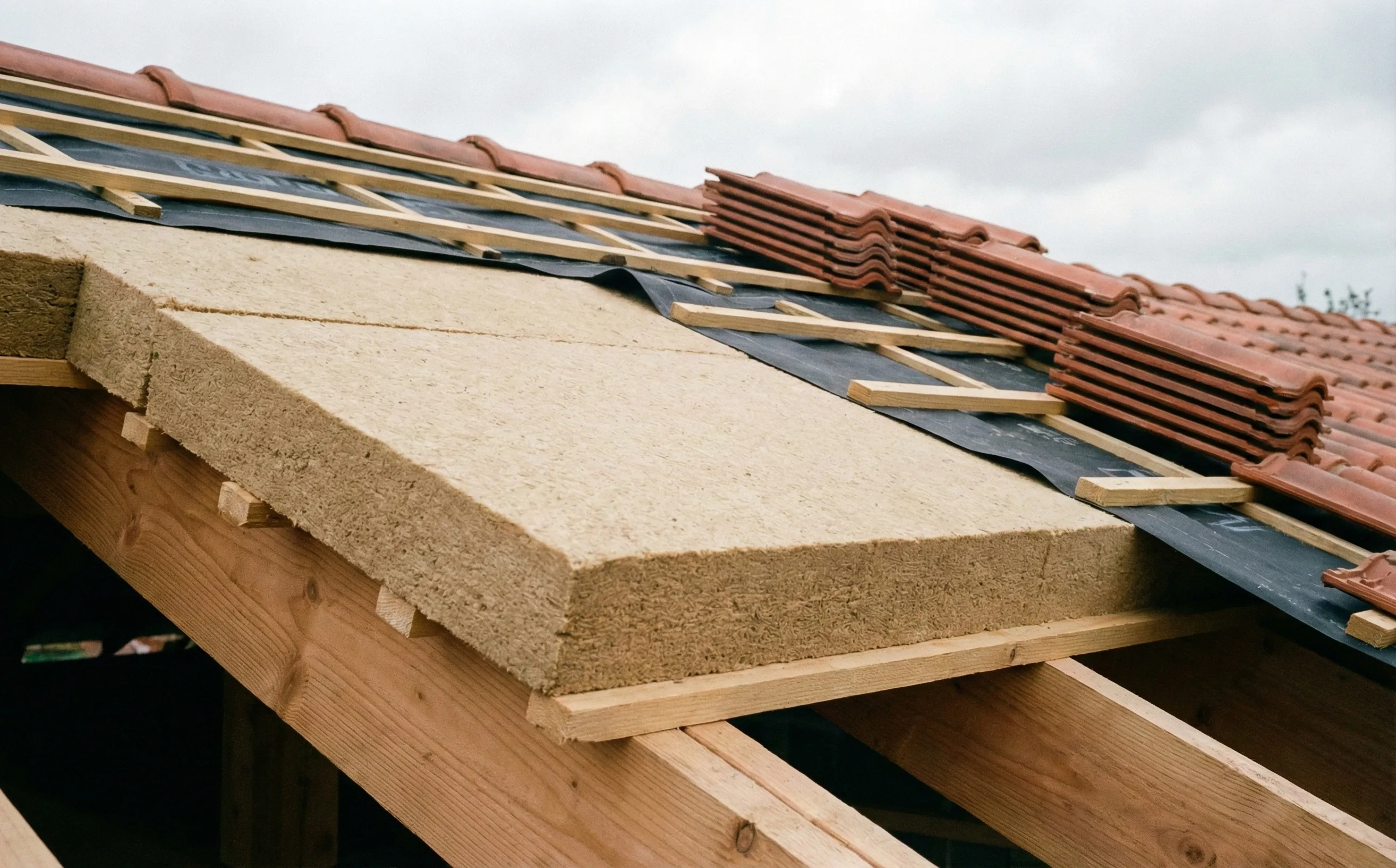 Détail de la pose d'un panneau isolant sarking au-dessus des chevrons à Pessac