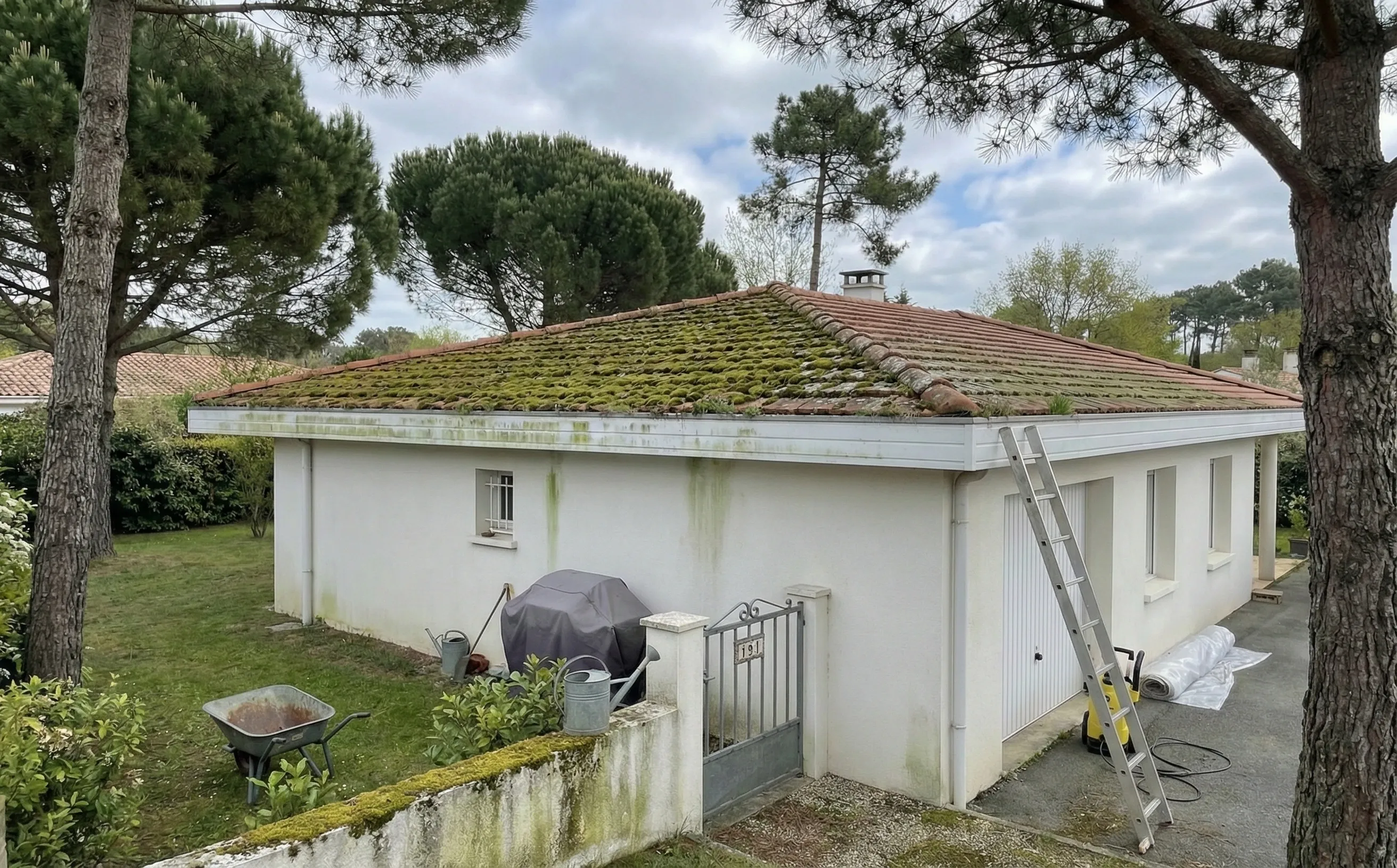 Pavillon plain-pied des années 80 avec toiture en tuiles mécaniques couverte de mousse sous les pins à Pessac Cap de Bos