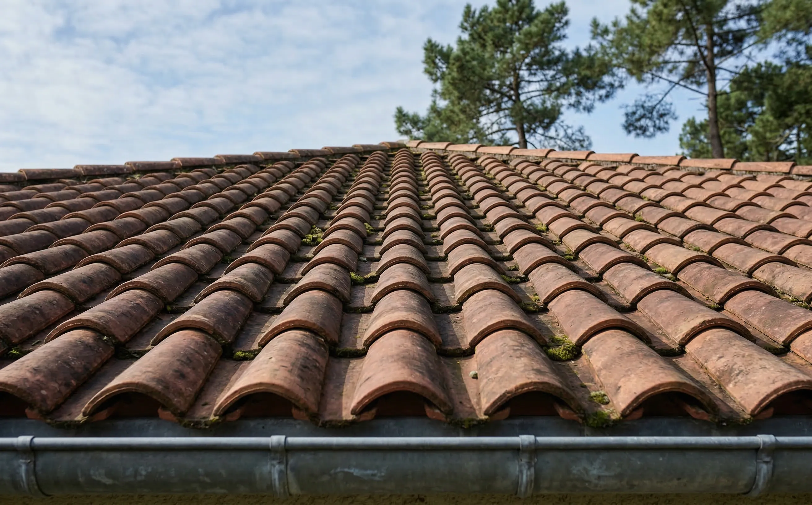 Vue en contre-plongée d'une toiture en tuiles canal avec pins maritimes en arrière-plan