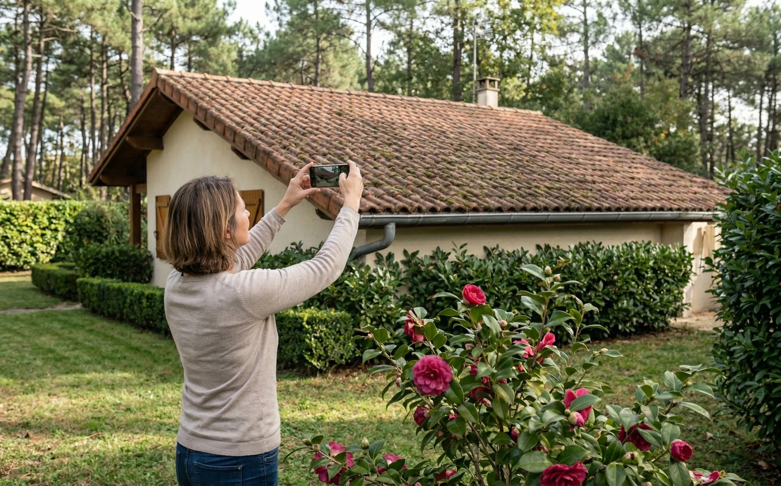 Personne photographiant une toiture de pavillon depuis le jardin avec un smartphone pour documenter l'état des lieux