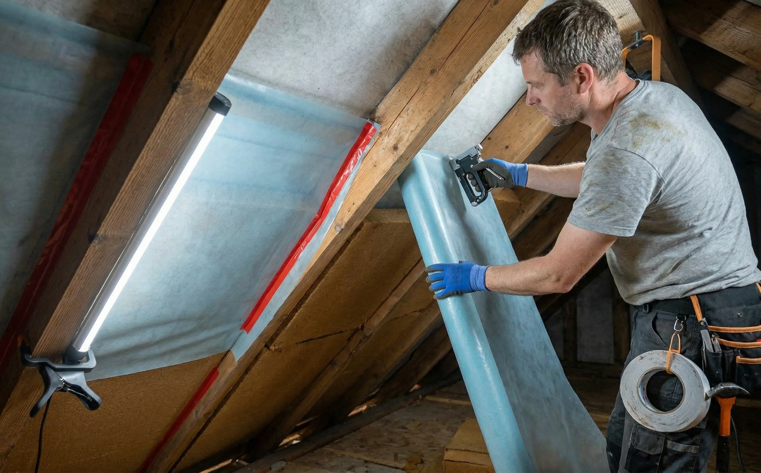 Couvreur déroulant une membrane pare-vapeur sous les rampants avec agrafeuse et joints adhésifs aux recouvrements