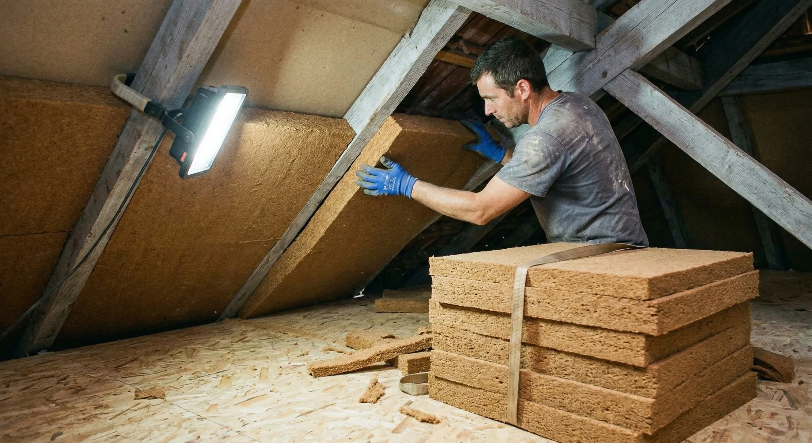 Couvreur posant des panneaux de laine de bois entre les chevrons d'un comble aménageable