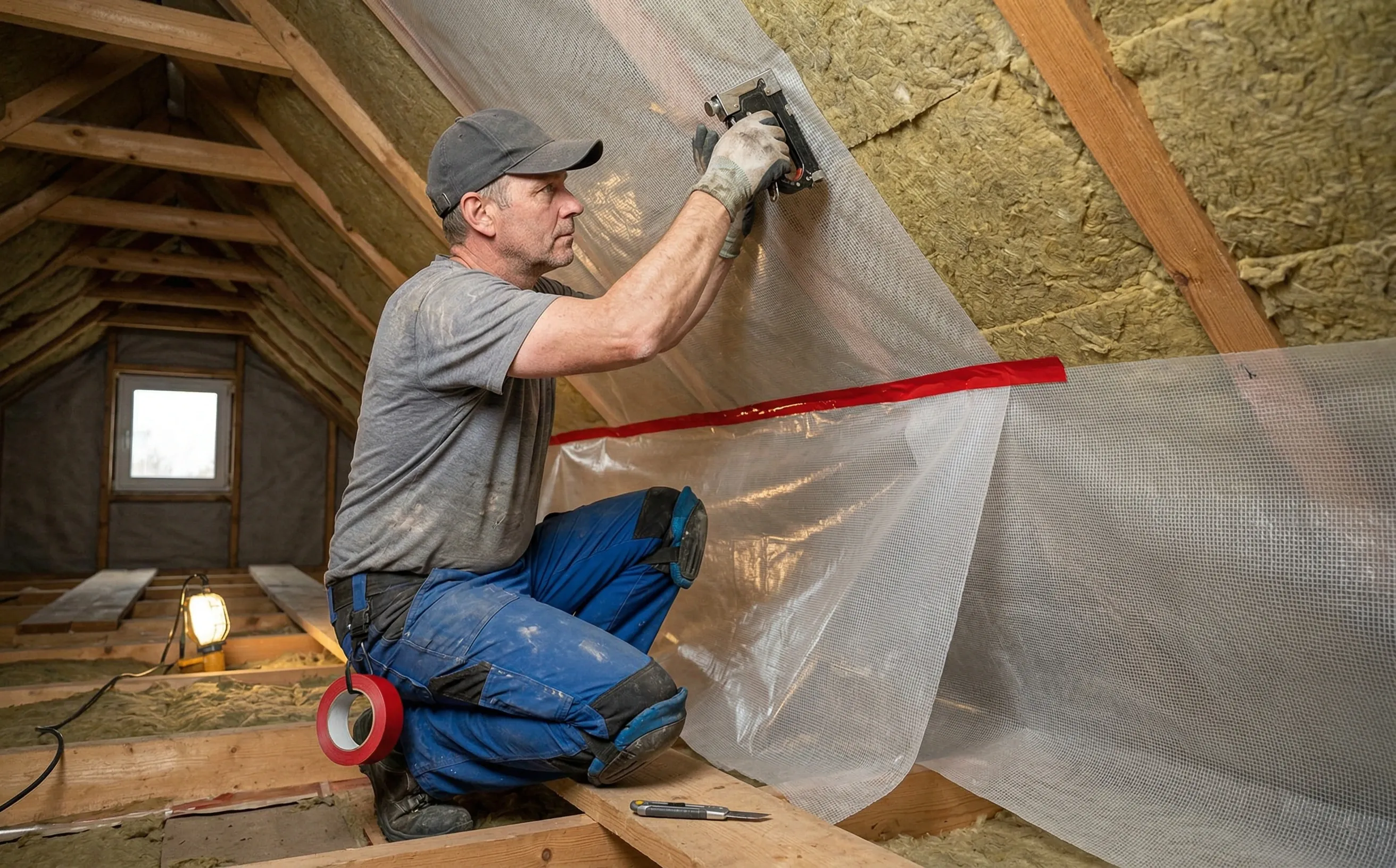 Artisan posant un pare-vapeur sous les rampants d'une toiture avec bande adhésive de jonction